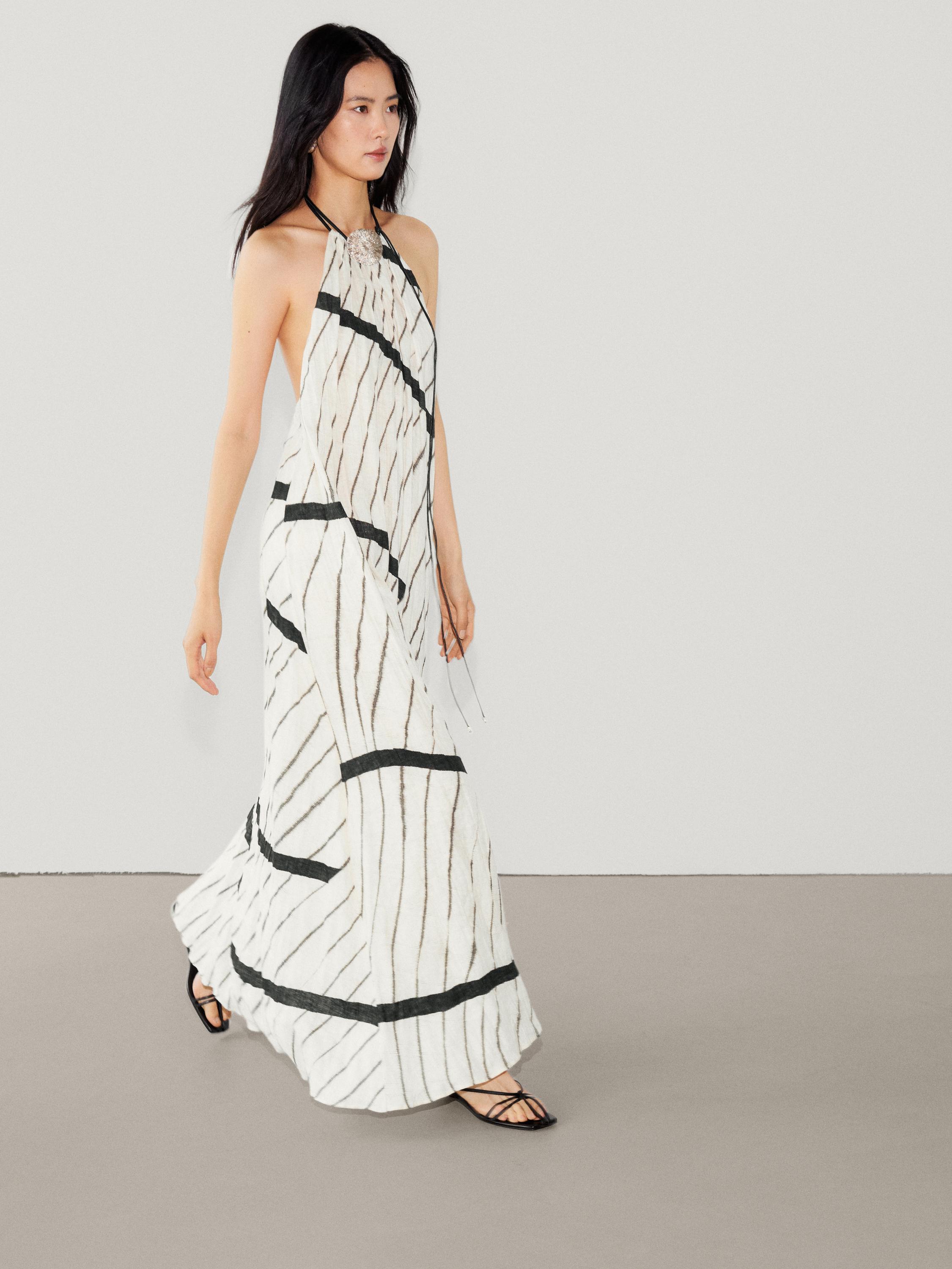 Robe longue à encolure américaine en lin à rayures