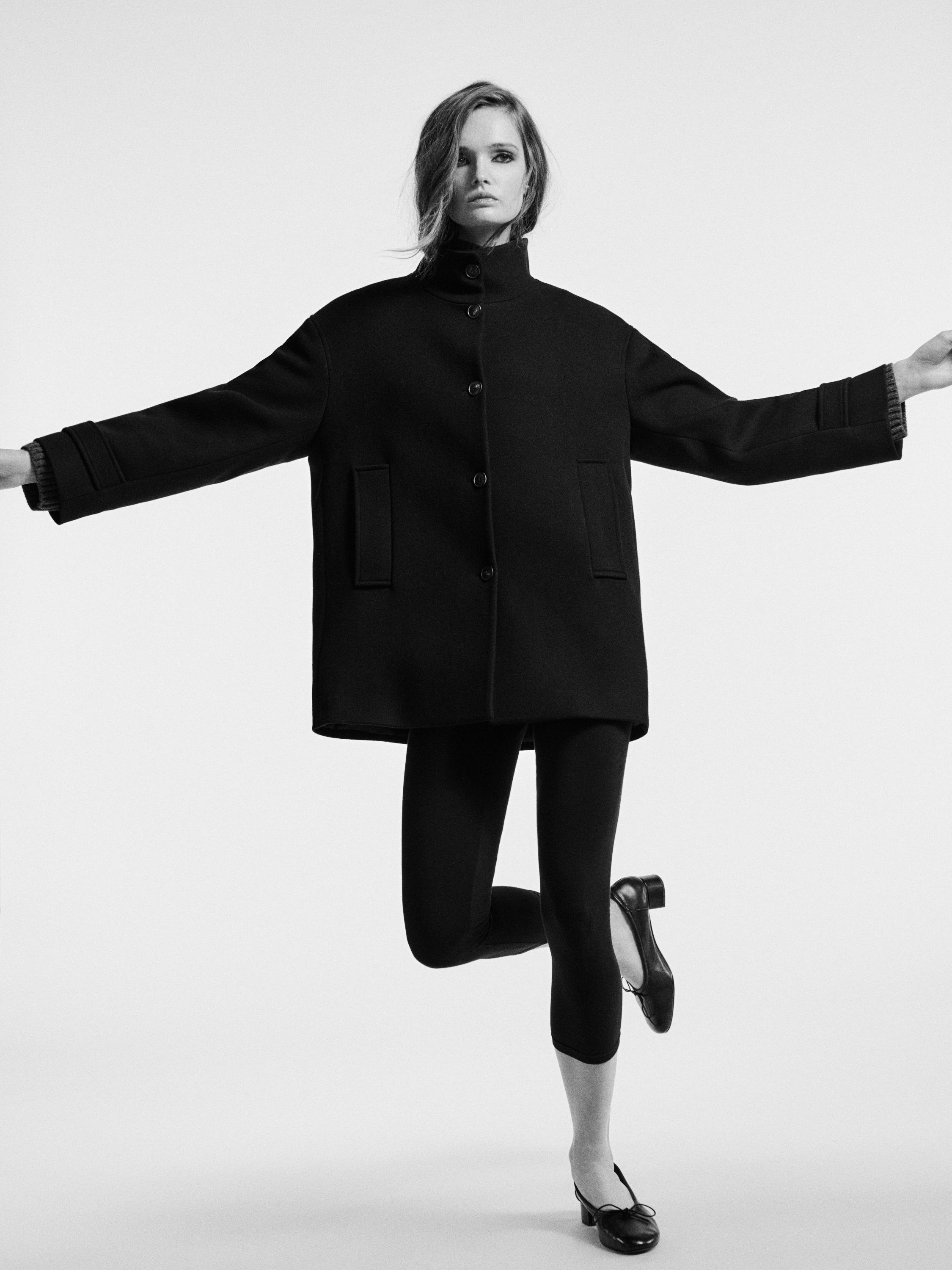 Wool blend high neck coat with button fastening — BLACK