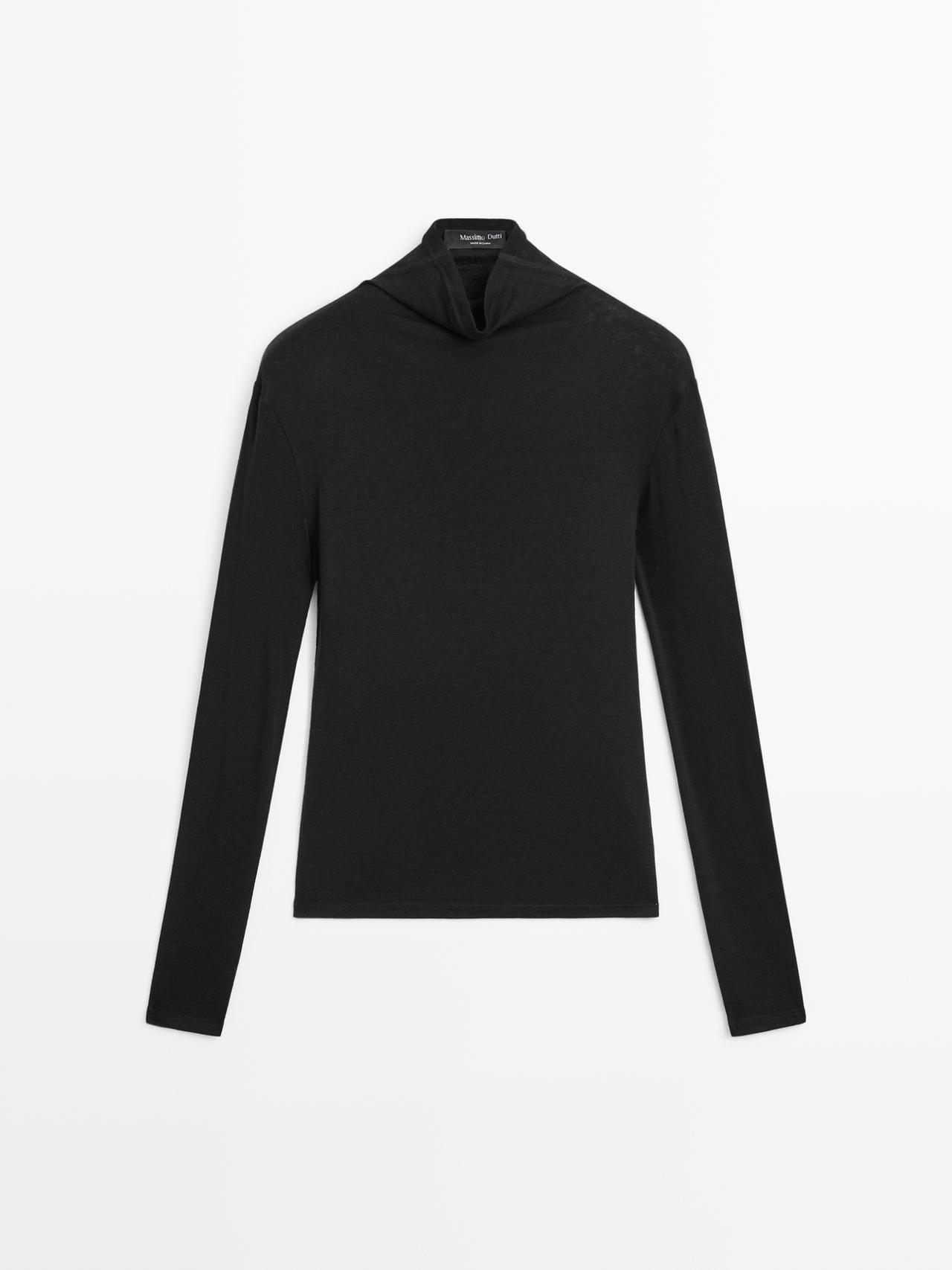 Massimo Dutti - Dame - Langærmet T-Shirt I Lyocell- Og Uldblanding - Sort - L