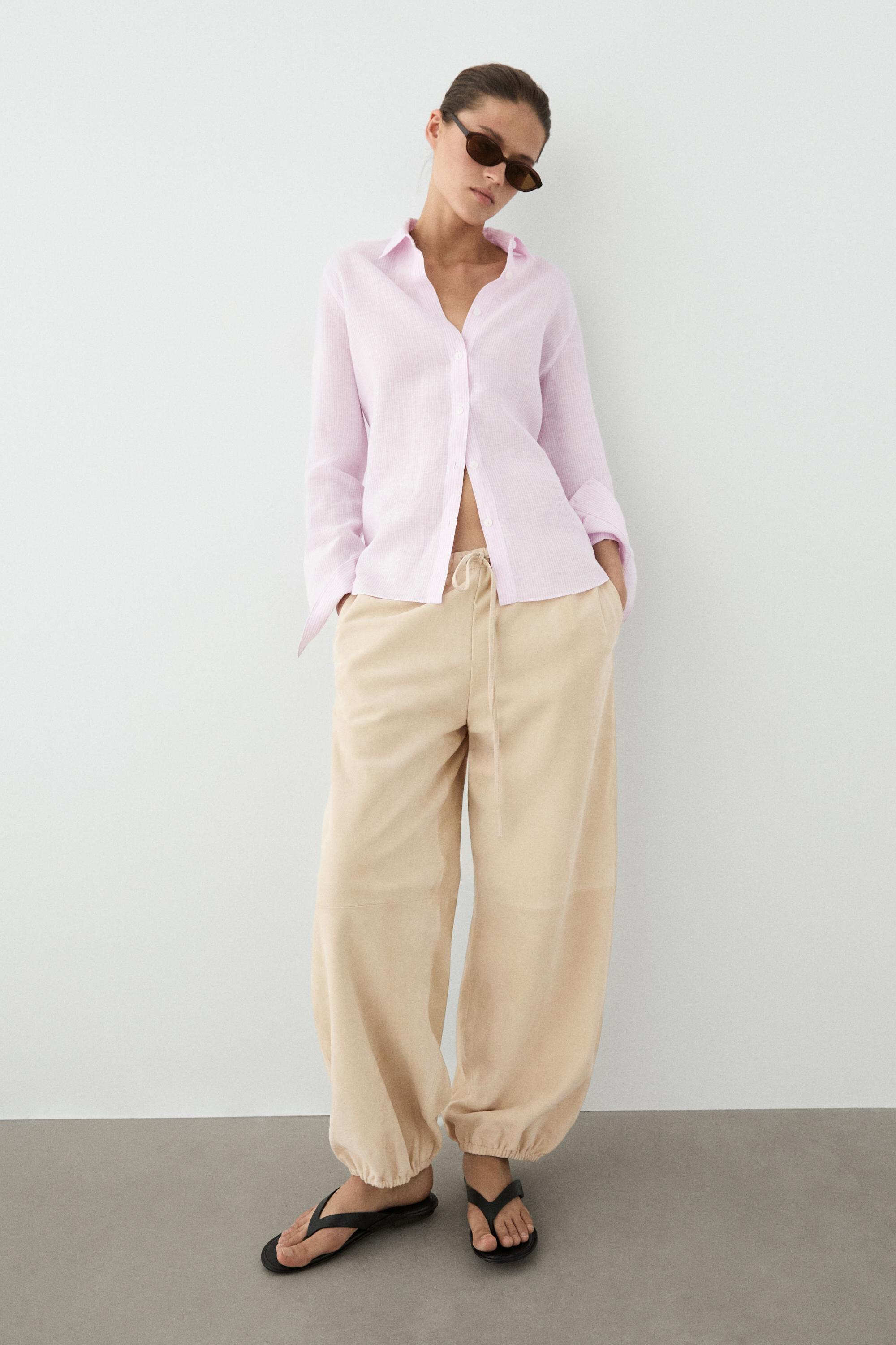 100% linen shirt with striped details — Pink