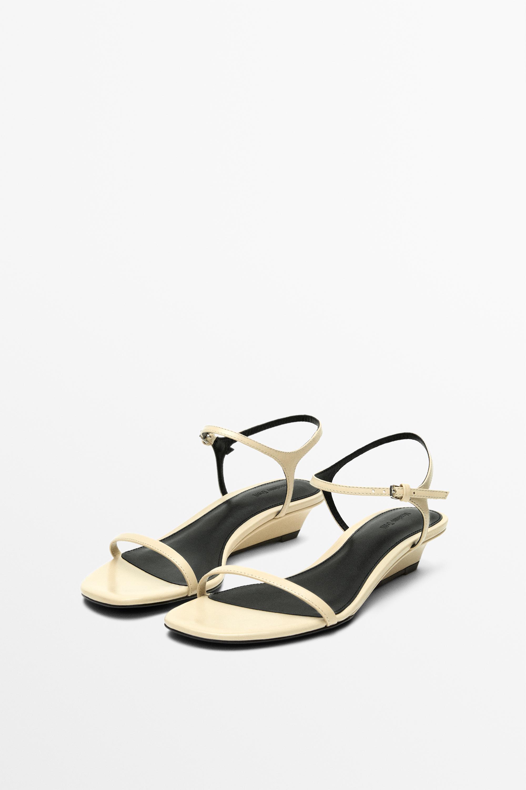 Strappy leather mid-wedge sandals — Vanilla