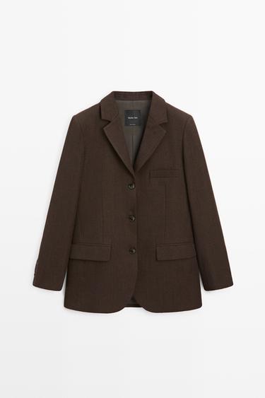 100% wool button detail blazer — BROWN 2