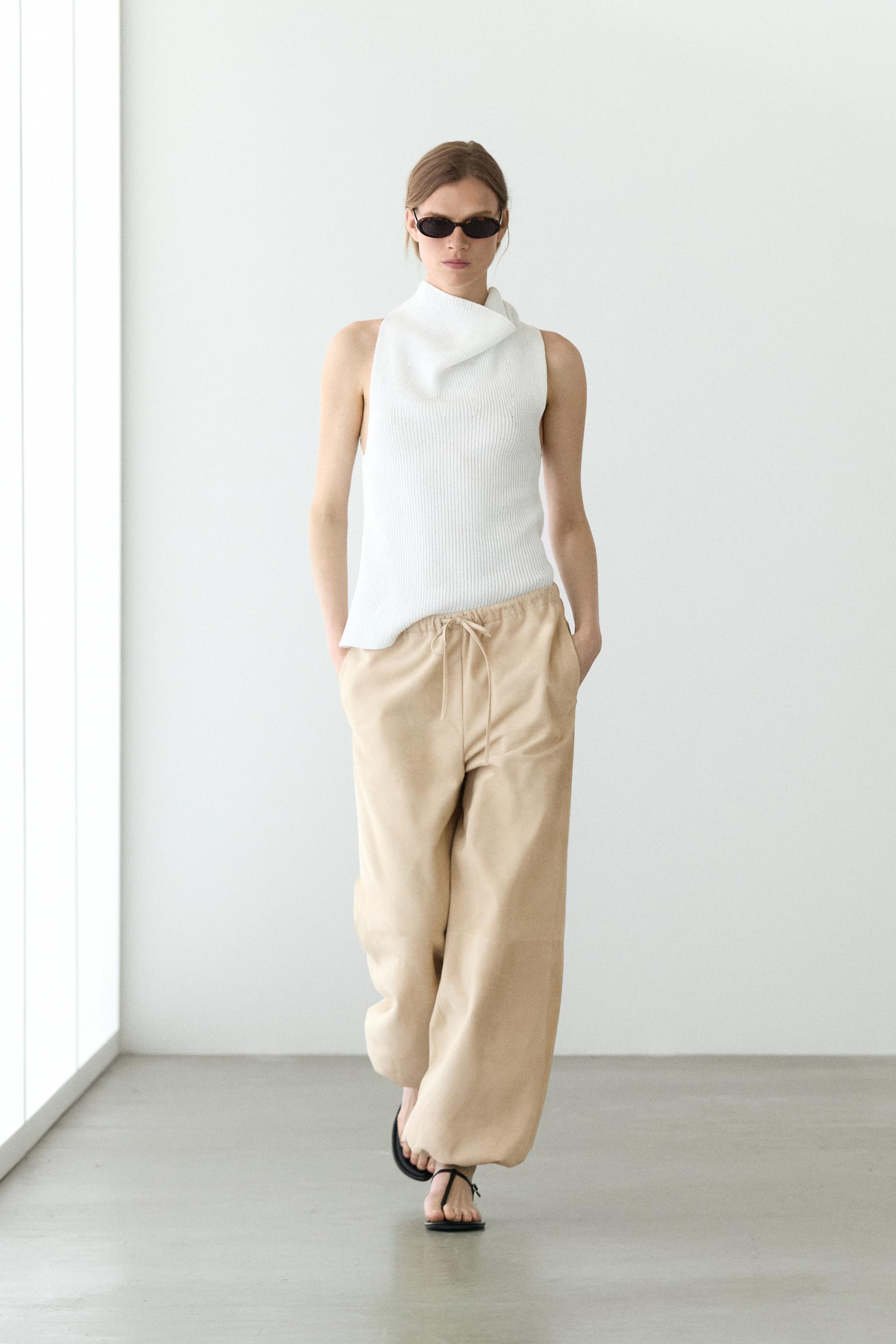 Suede leather sarouel trousers — Vanilla