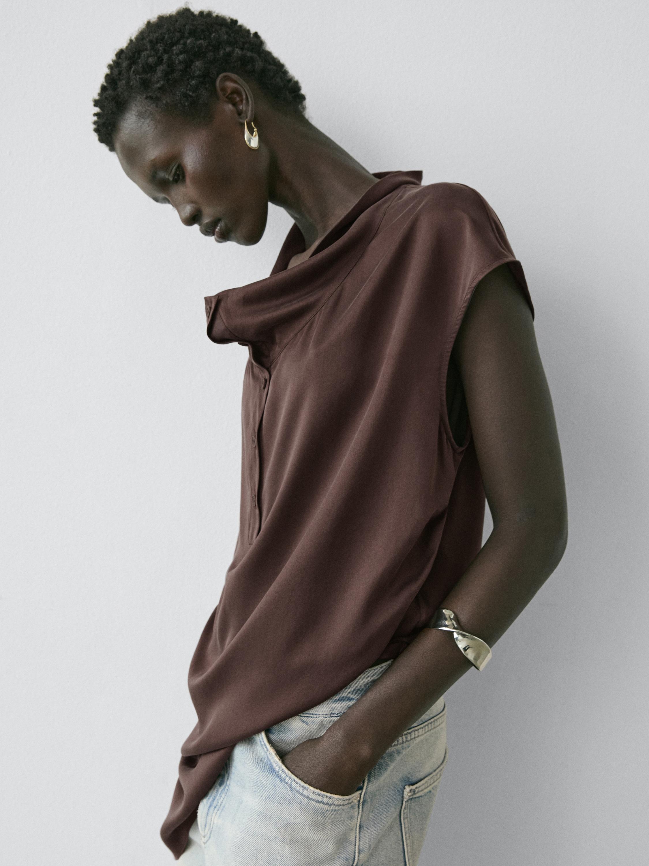 Asymmetric draped top — BROWN