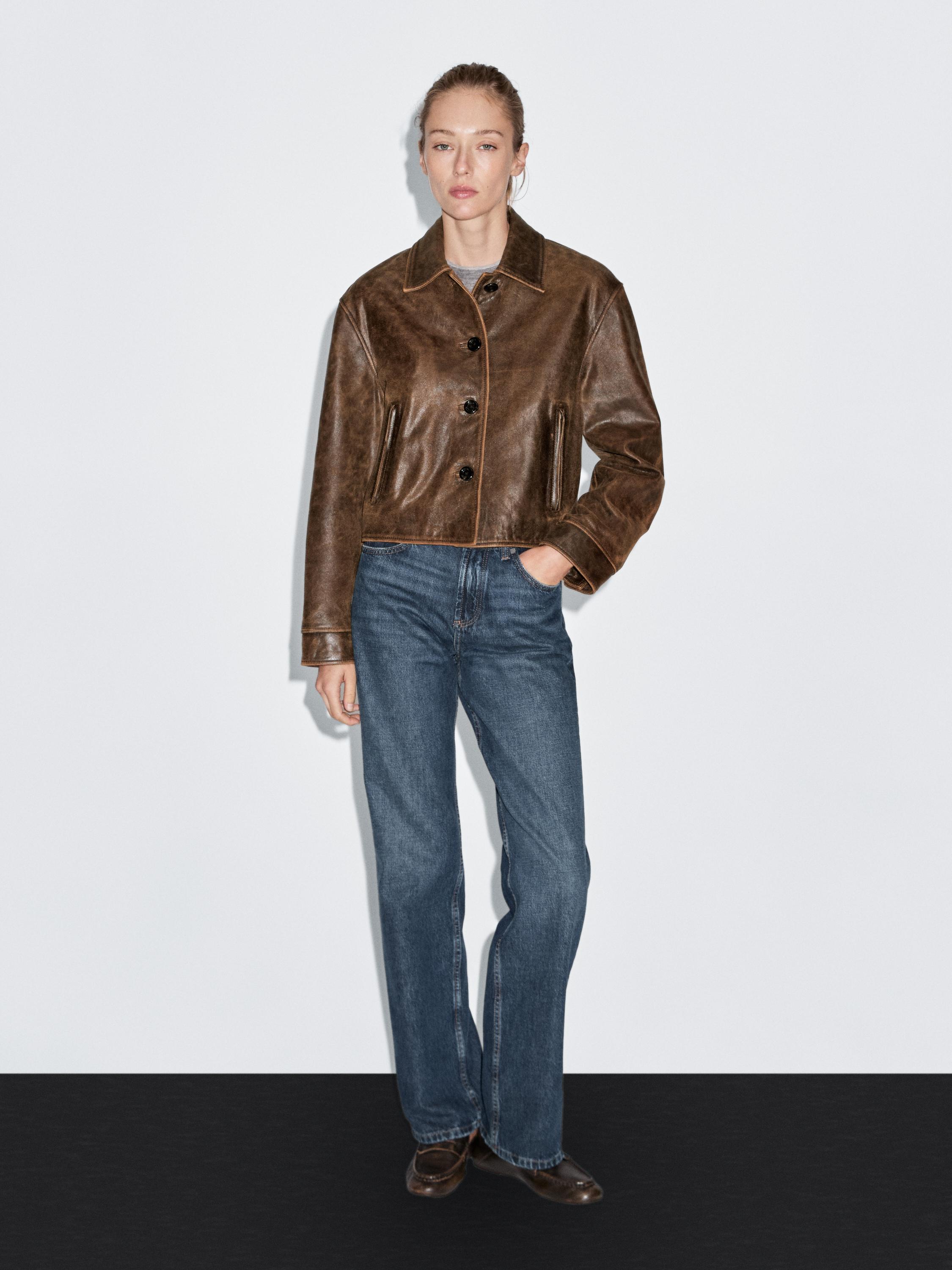 Distressed effect nappa leather cropped jacket