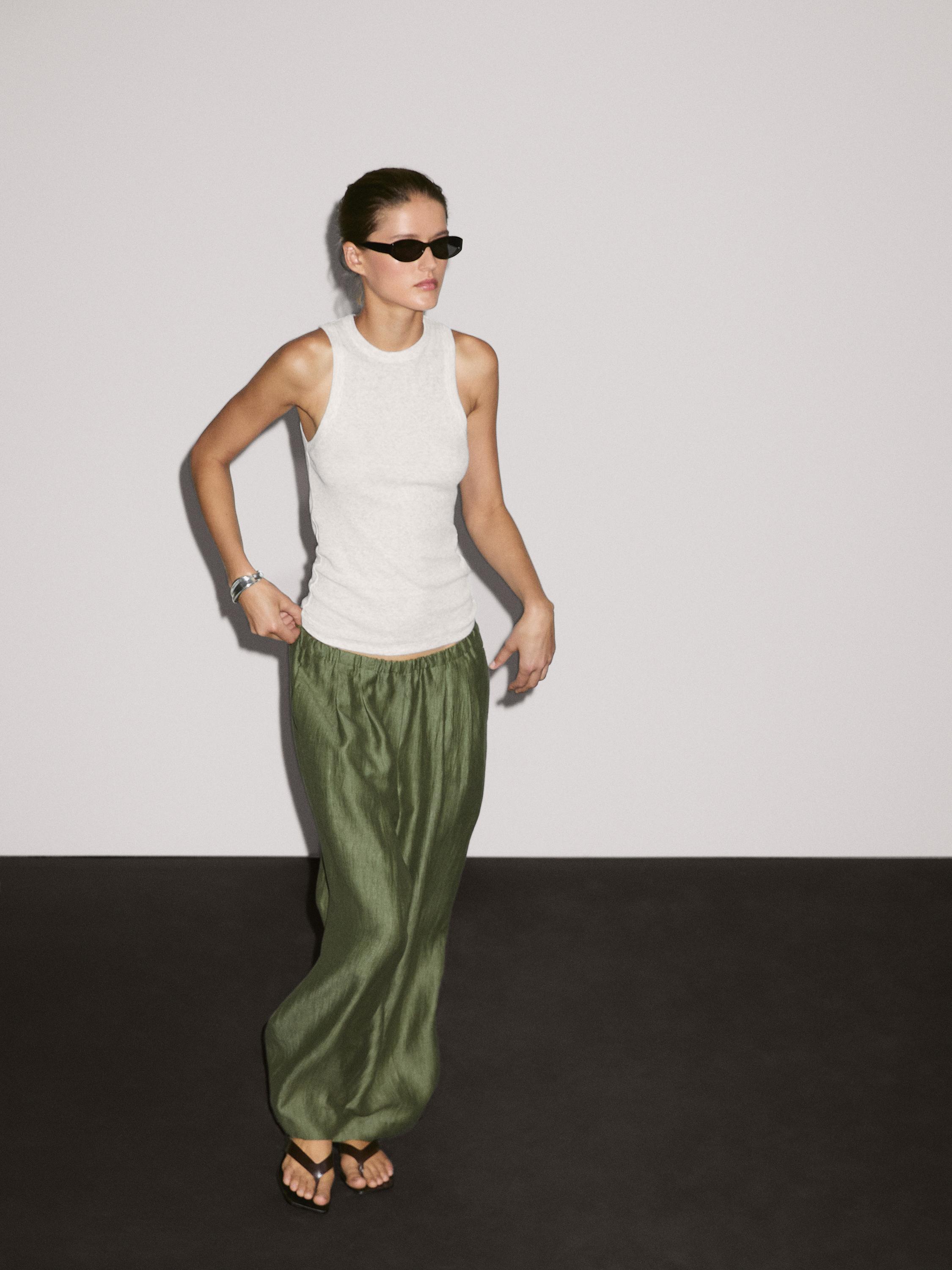 Straight fit flowing linen blend trousers