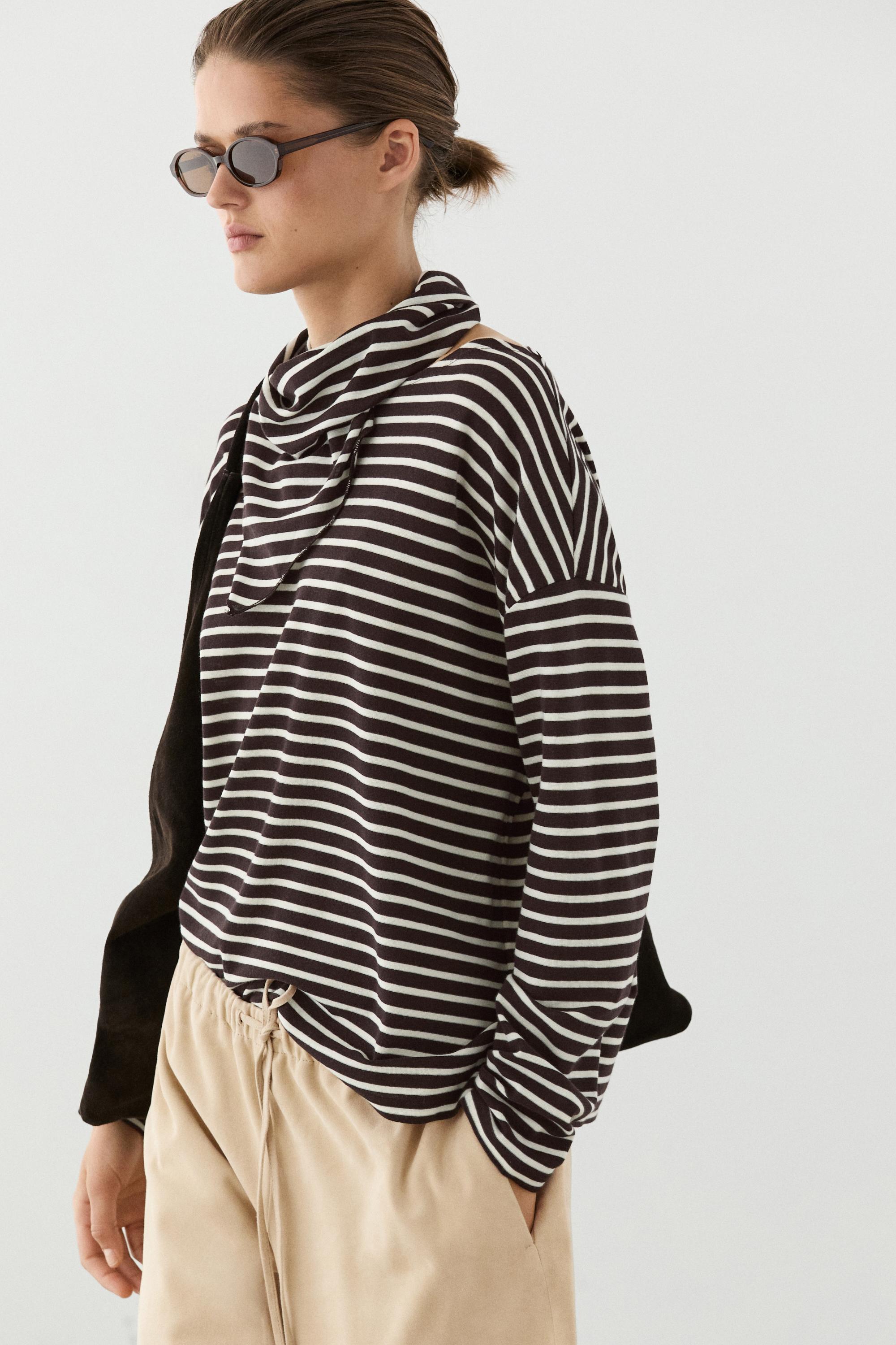 Cotton blend striped T-shirt with scarf detail