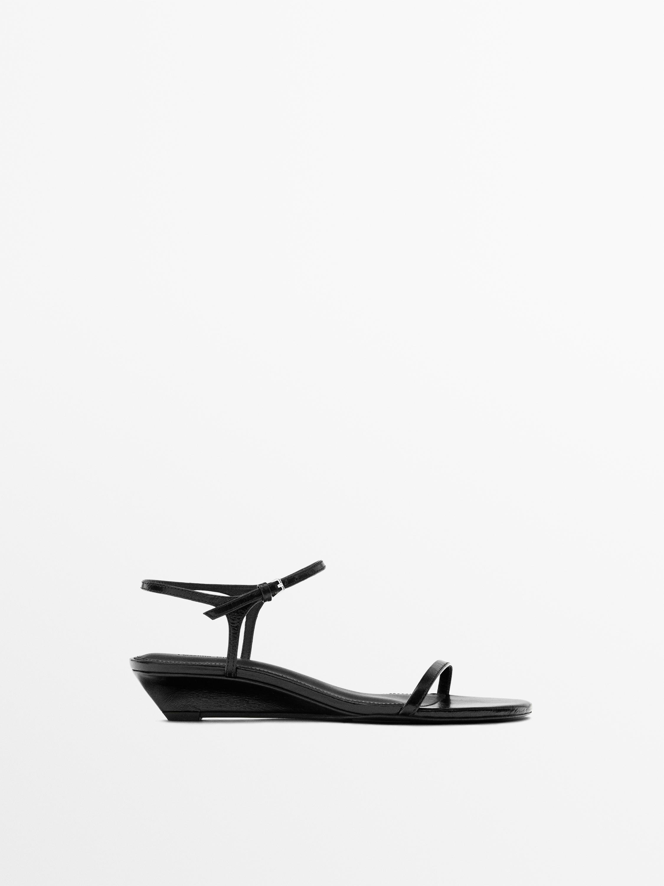 Strappy leather mid-wedge sandals — BLACK