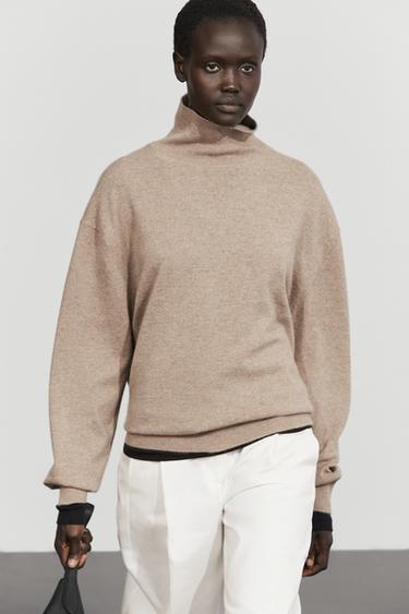 100% cashmere high neck knit sweater — BEIGE 3