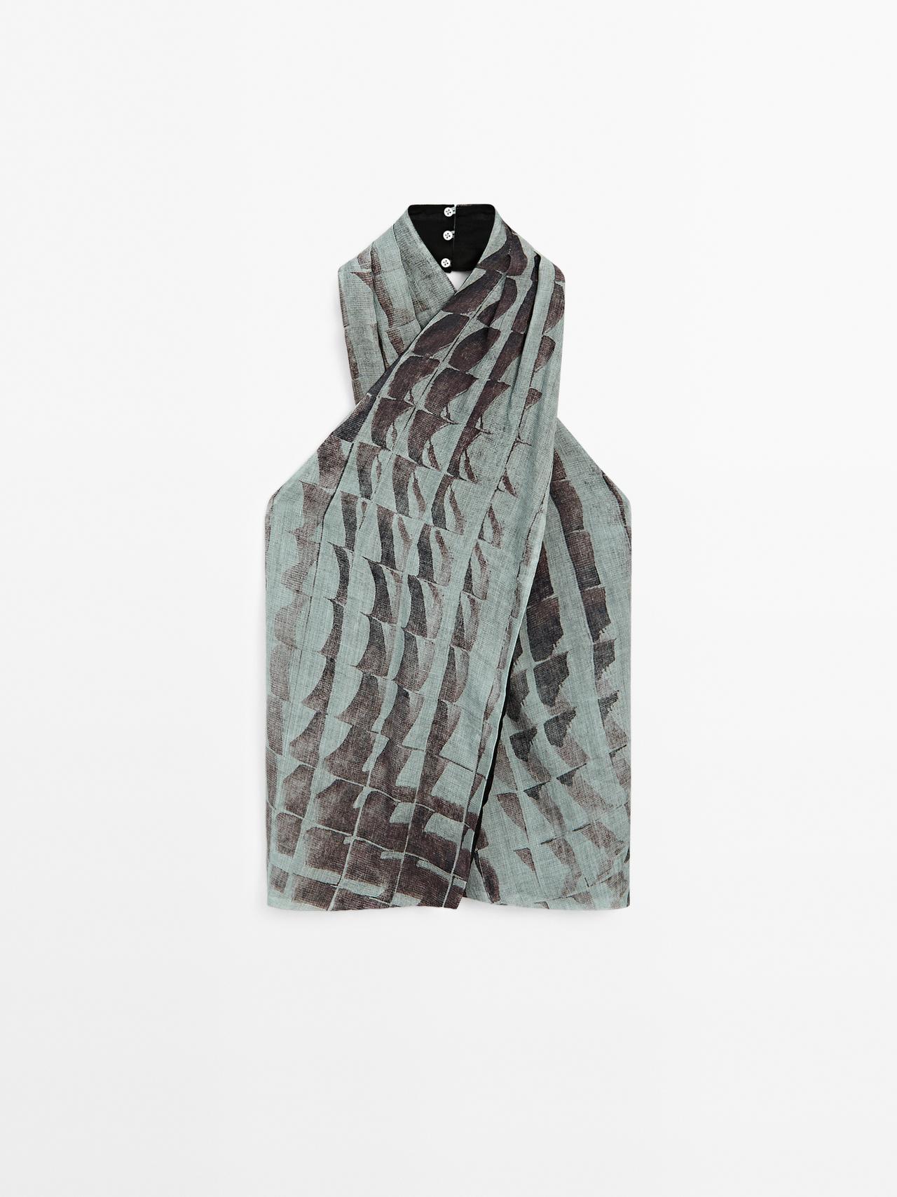 Massimo Dutti - Dame - Mønstret Top Med Overlappende Udskæring - Petroleumsblå - M