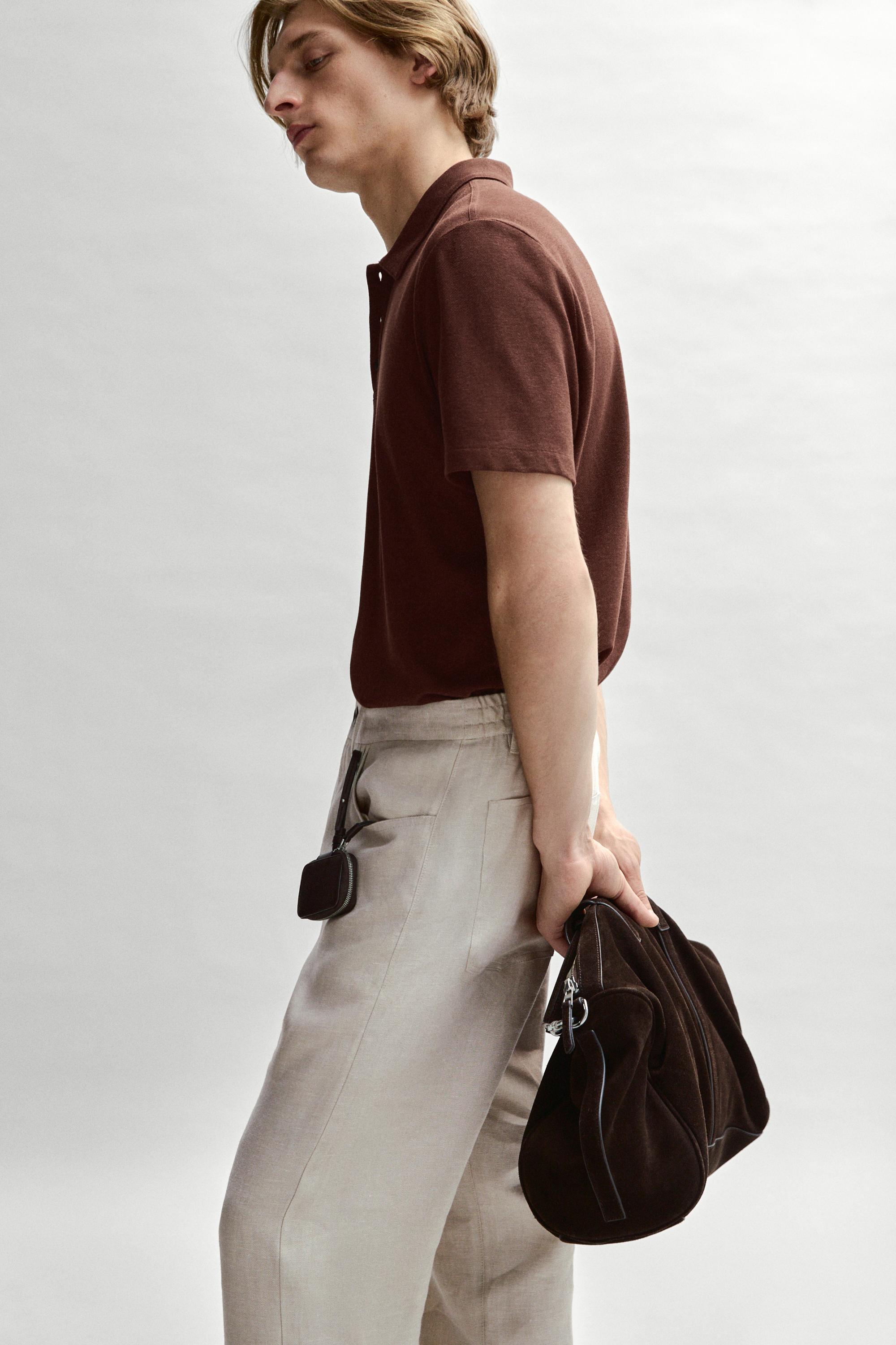 Micro-textured cotton blend polo shirt — Russet Brown
