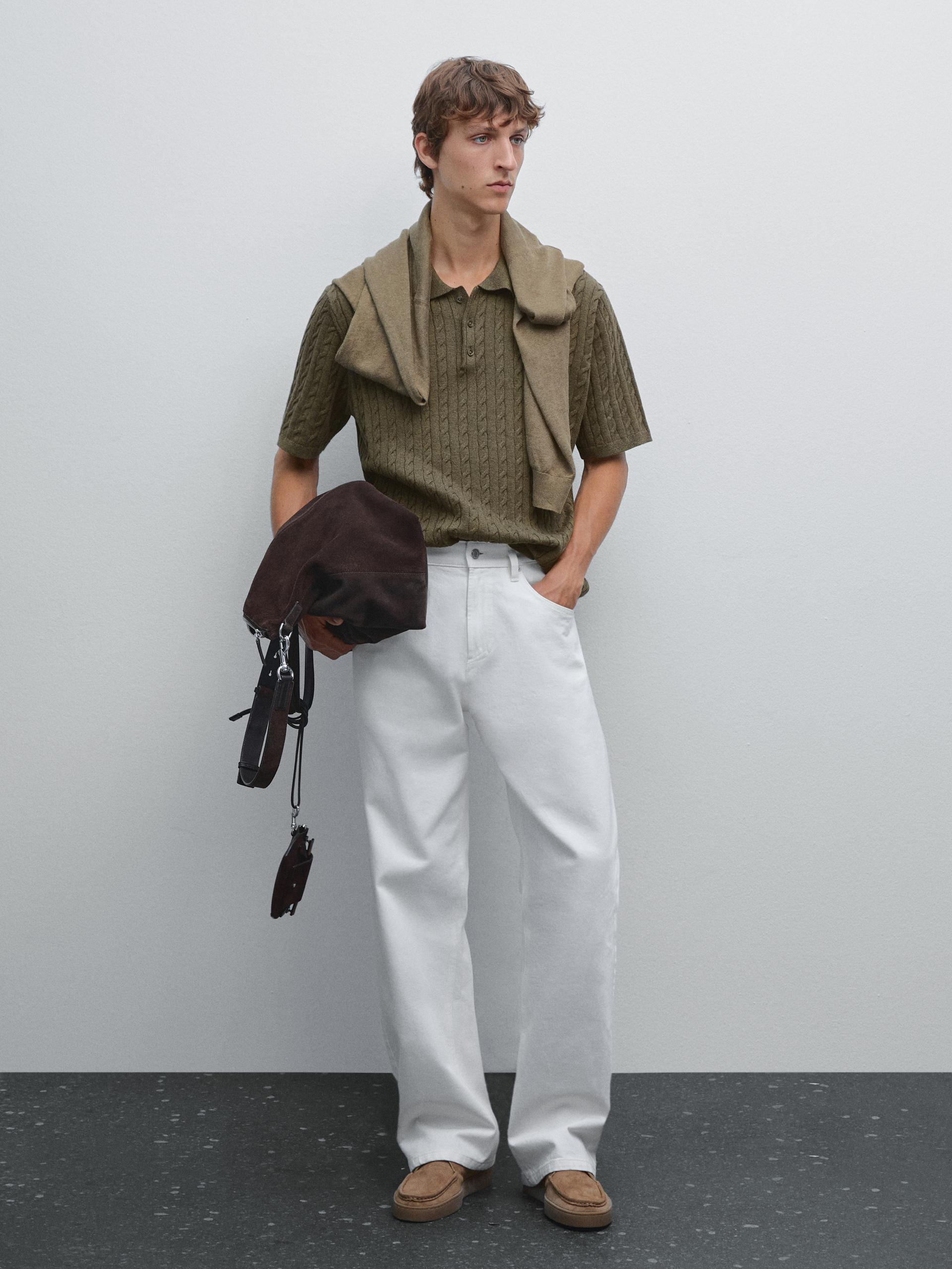 Koszulka Polo Z Dzianiny O Warkoczowym Splocie - Ziel Pop - Xl - Massimo Dutti - Mężczyzna