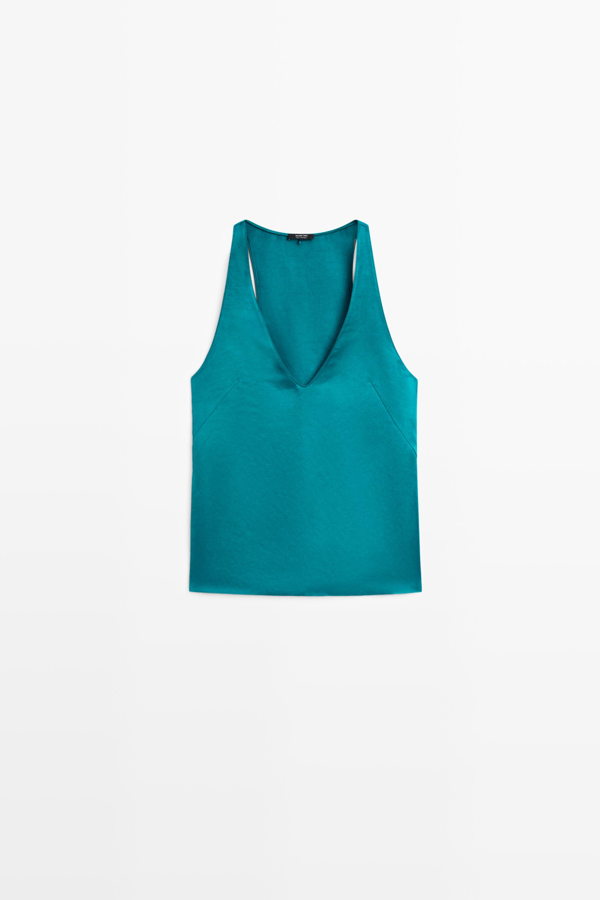Satin linen blend V-neck top — TURQUOISE