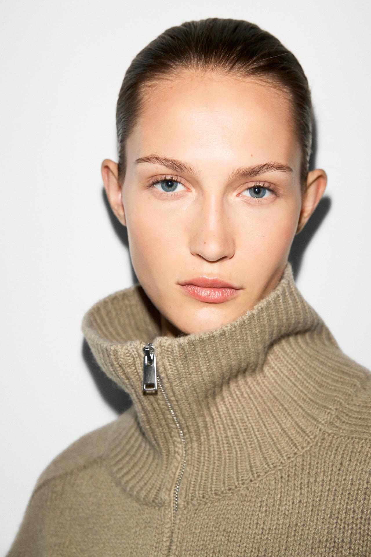 100% wool knit zip-up cardigan — GREENISH