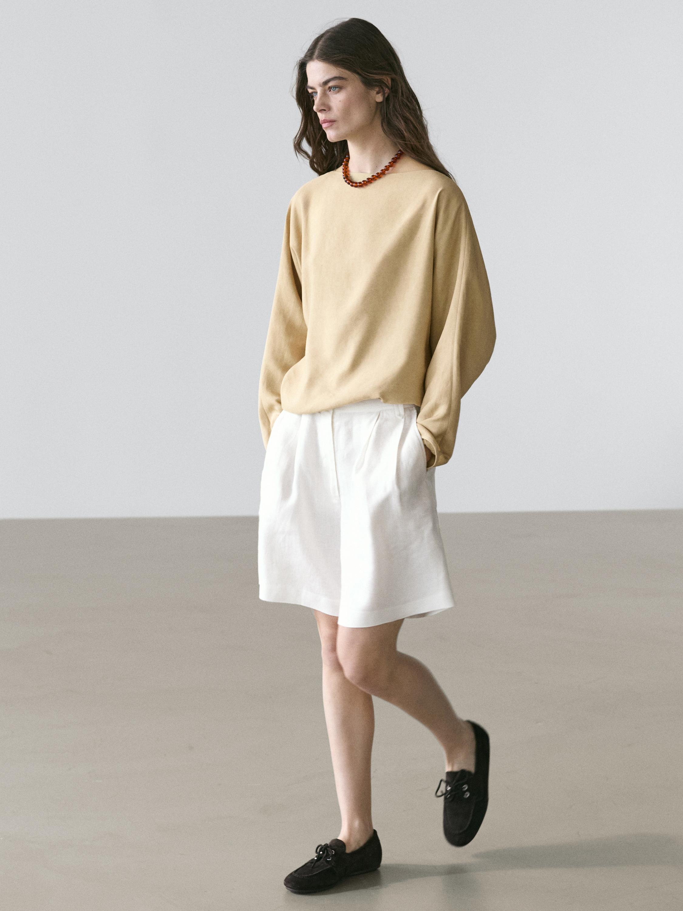 100% linen short pleated Bermuda shorts — WHITE