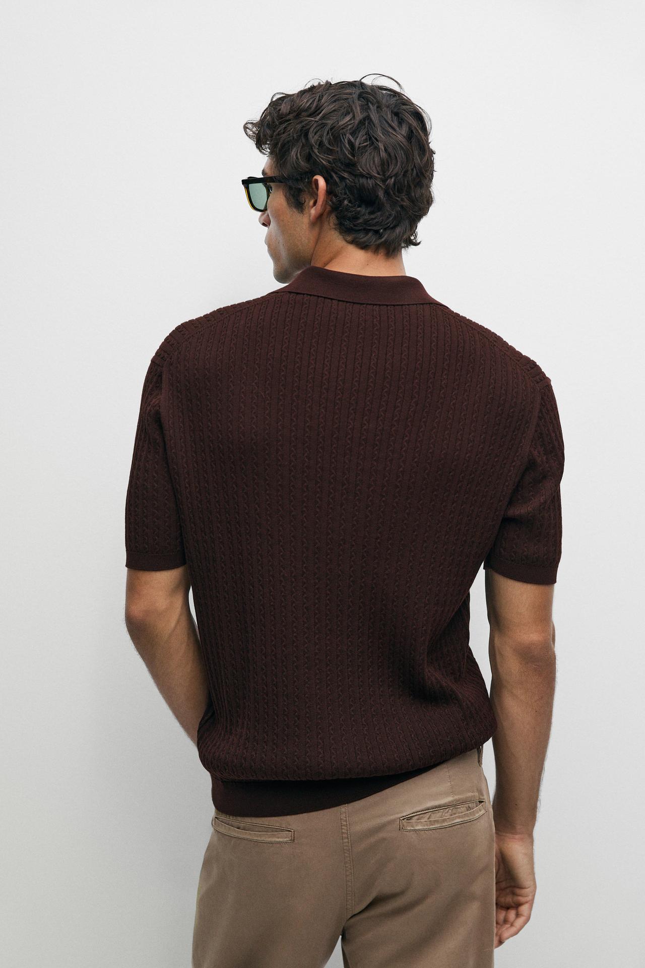 100% cotton cable-knit polo sweater — BURGUNDY