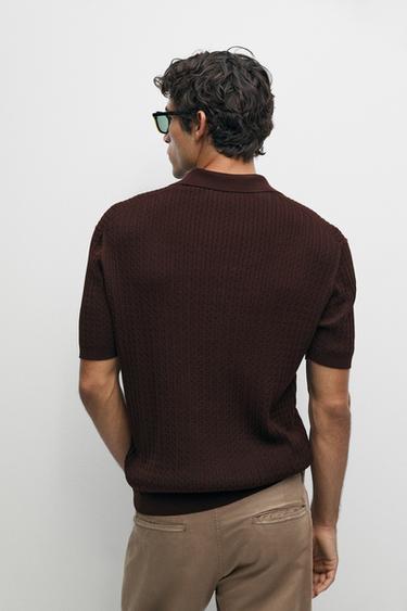 100% cotton cable-knit polo sweater — BURGUNDY 5