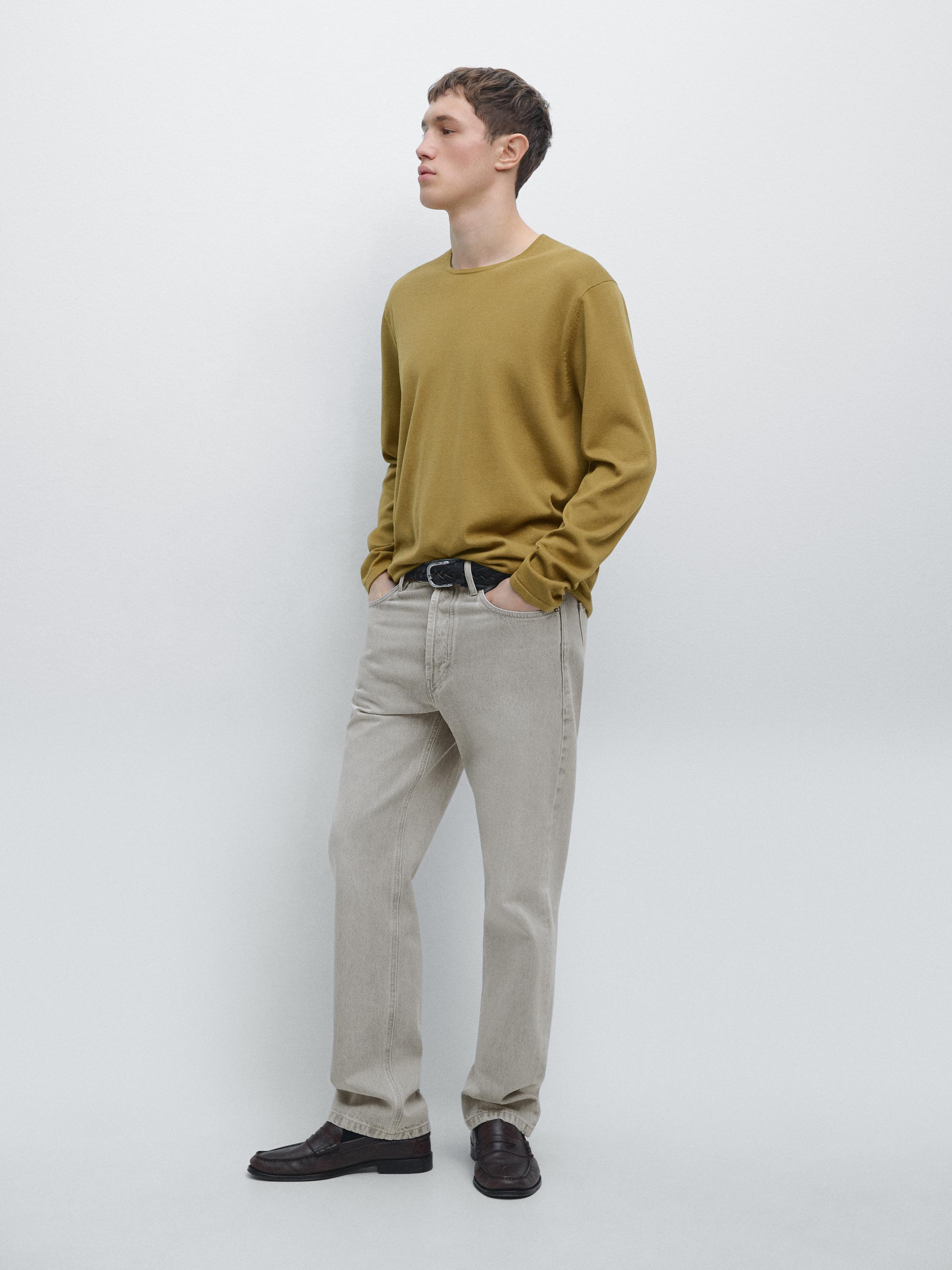 Knit 100% cotton crew neck sweater — OLIVE