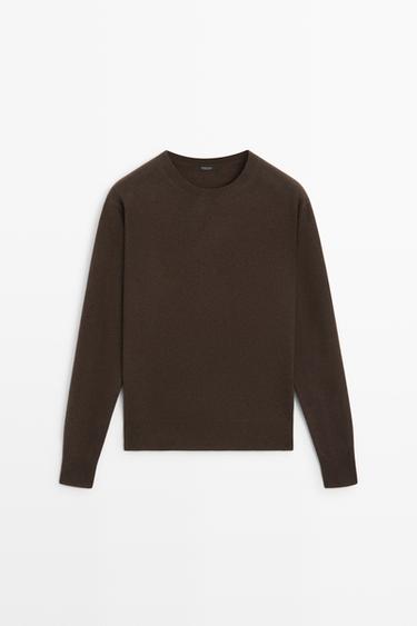 Wool blend crew neck knit sweater — BROWN MARL 2