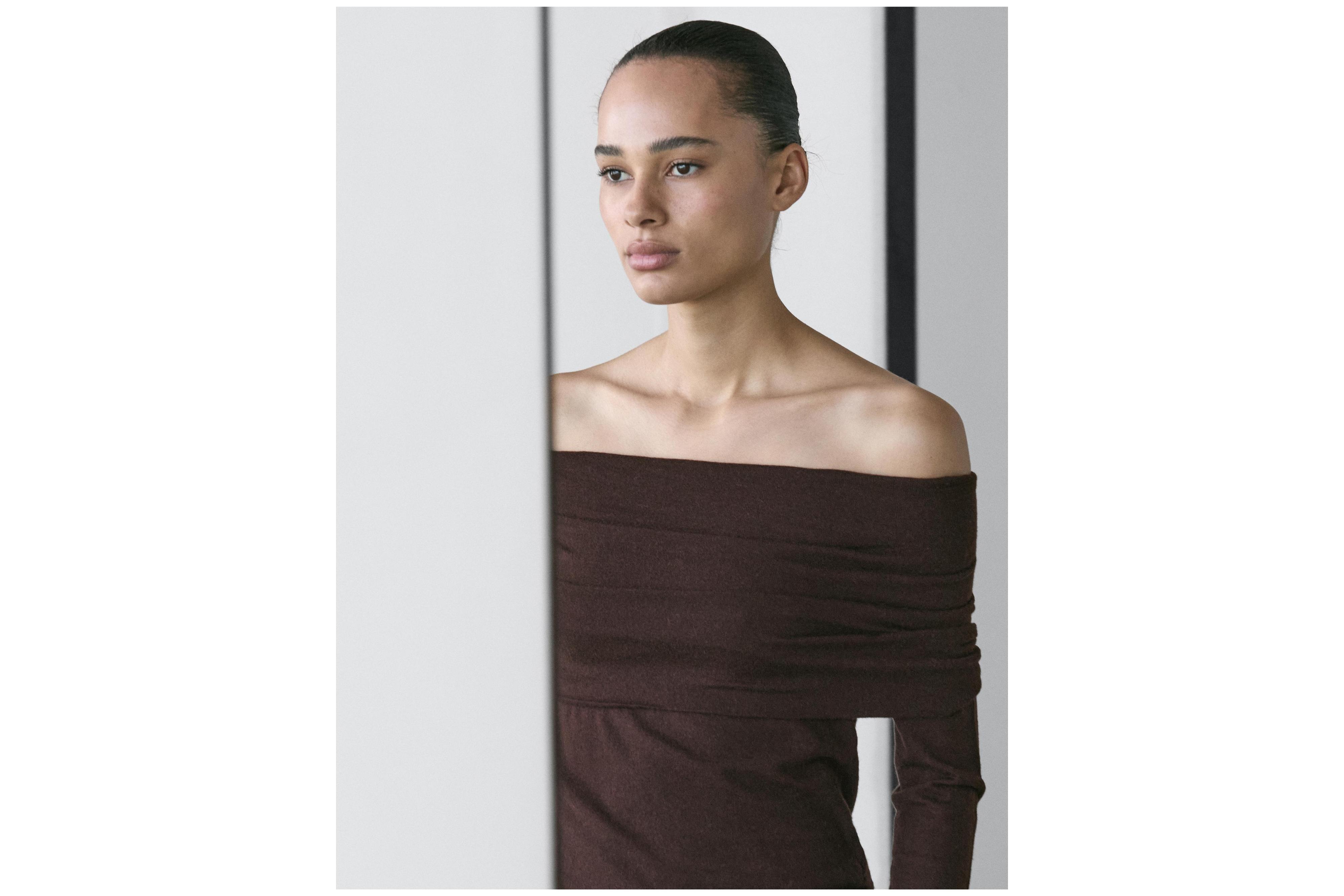 Knit wool blend off-the-shoulder sweater