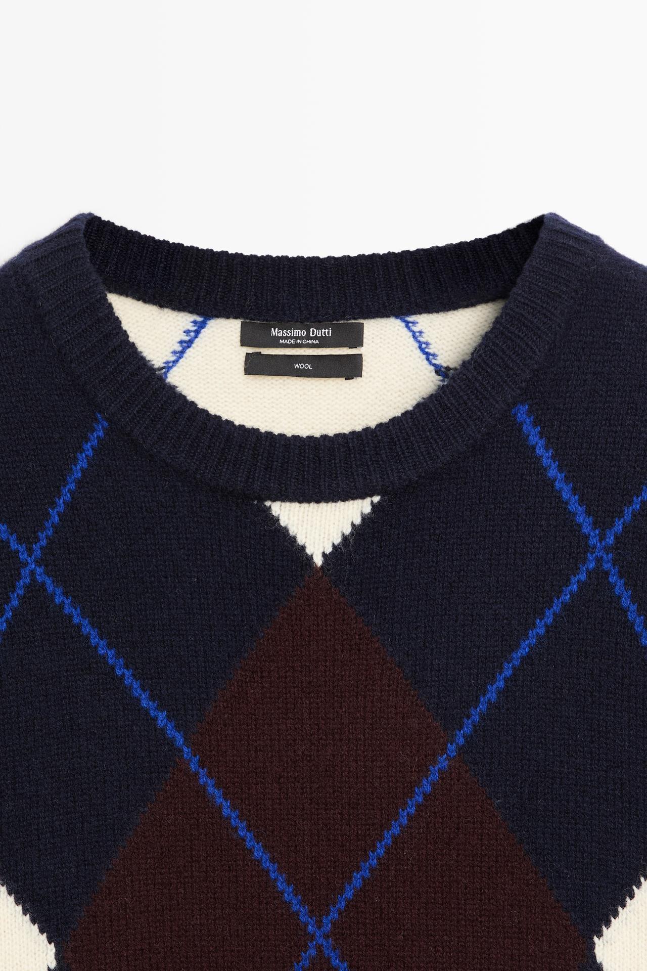 100% wool knit sweater with argyle detail — NAVY BLUE