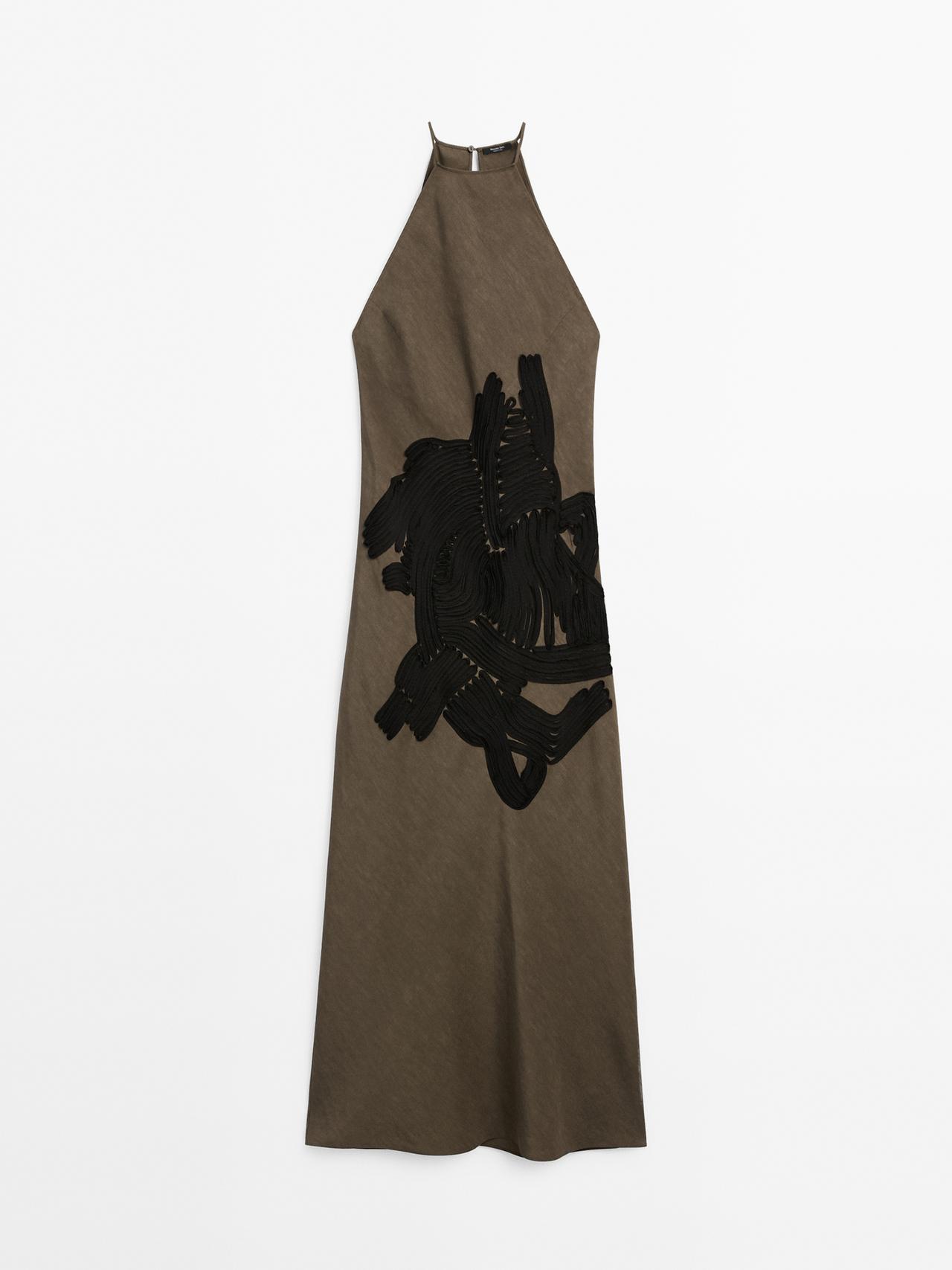 Massimo Dutti - Dame - Lang Kjole Med Kontrasterende Bånd - Kaki - Xs