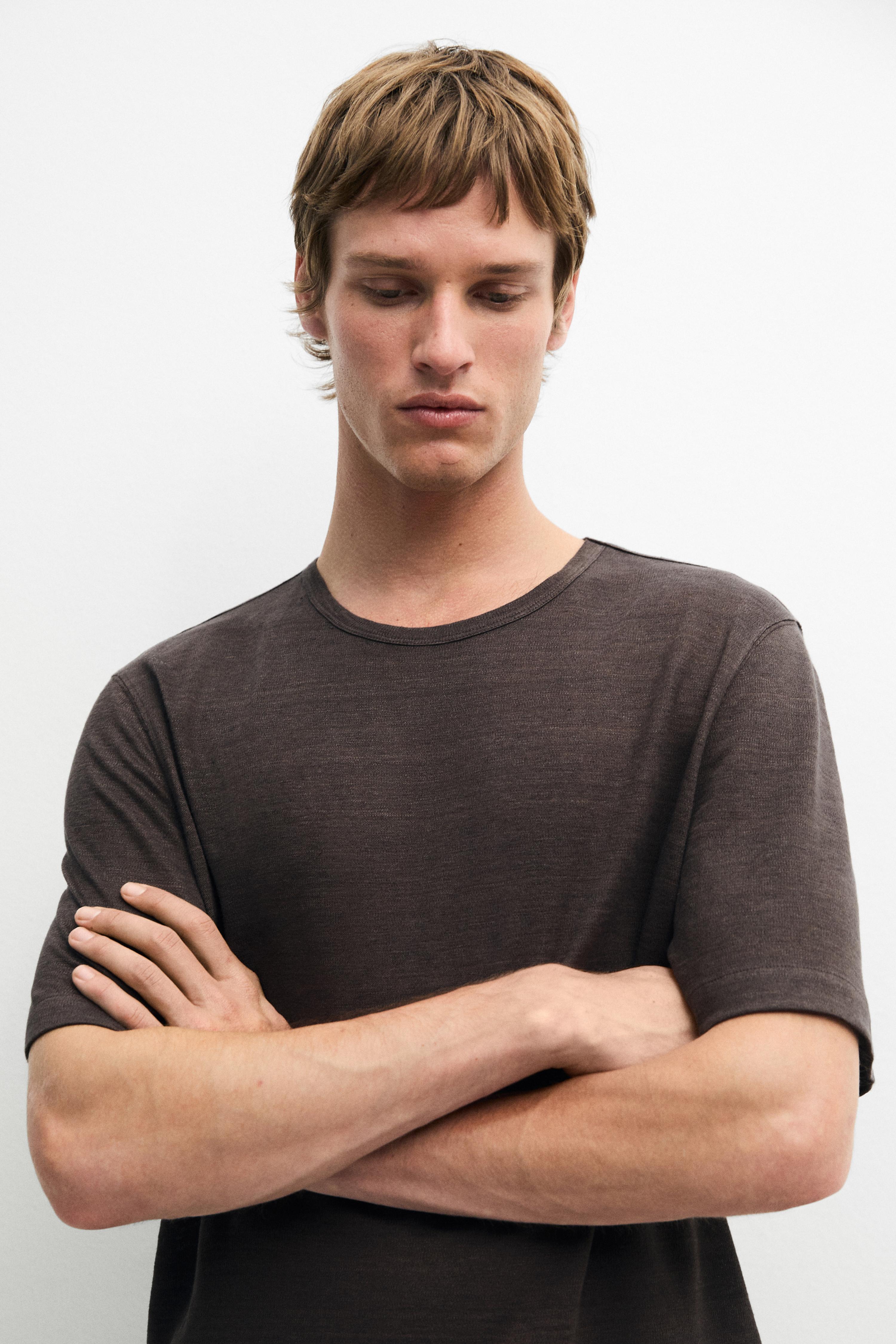 100% linen short sleeve T-shirt — BROWN