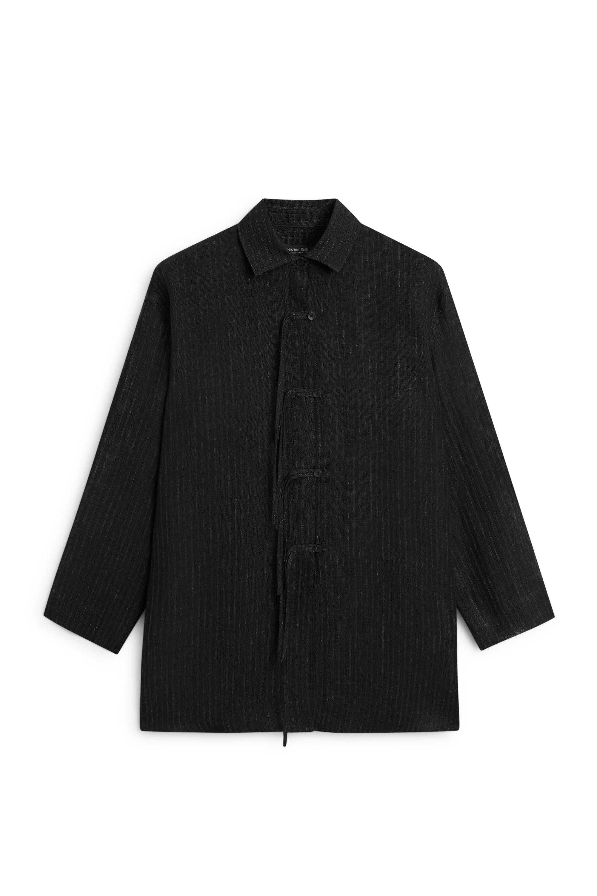 Striped linen blend oversize blouse with button detail — BLACK