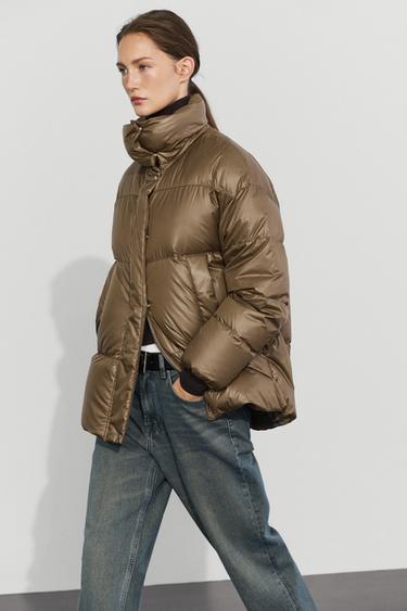 Down jacket with plaid interior detail — CAMEL 5