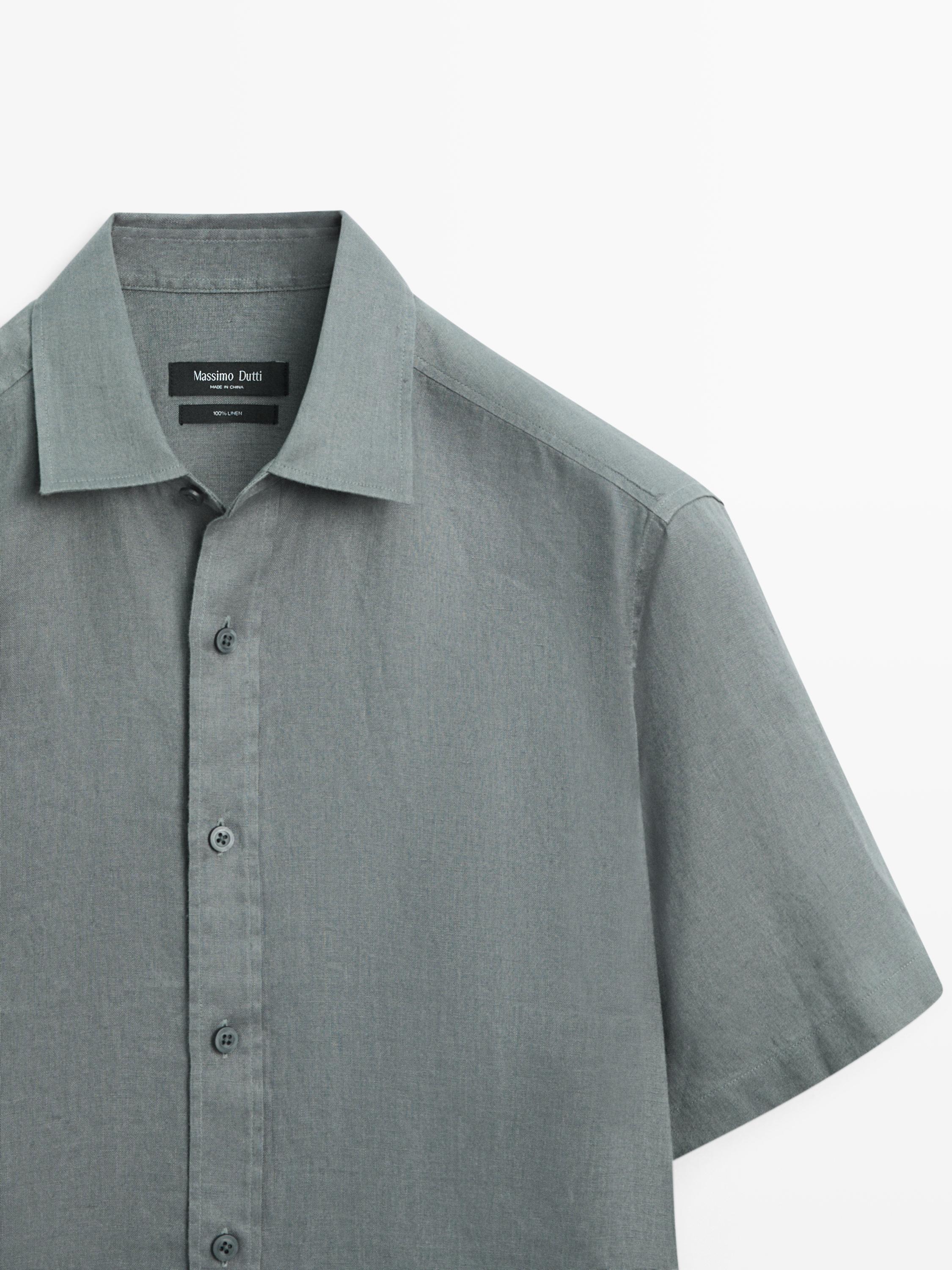 100% linen regular fit short sleeve shirt — GREY