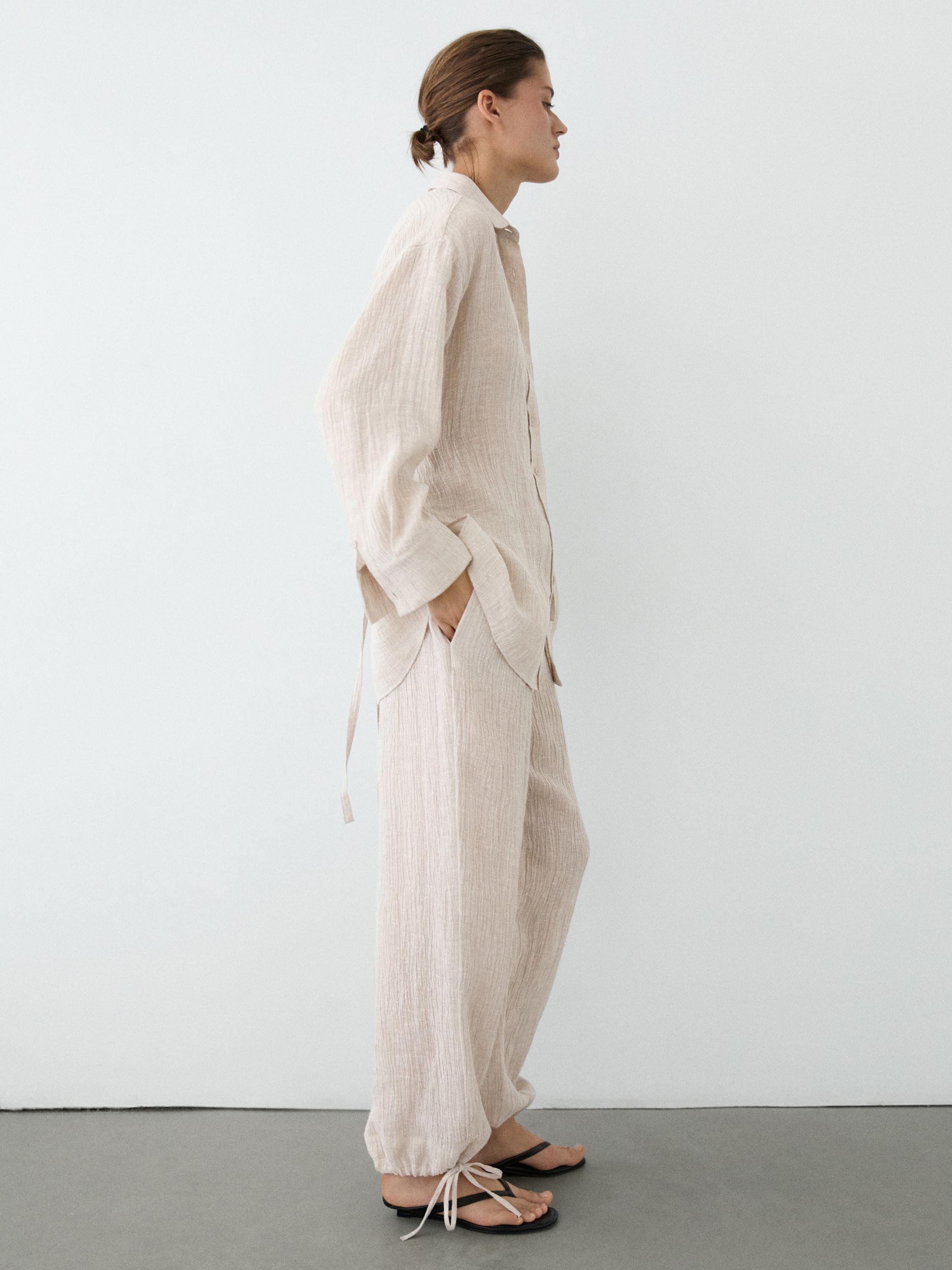 100% linen waffle-knit sarouel trousers — SAND