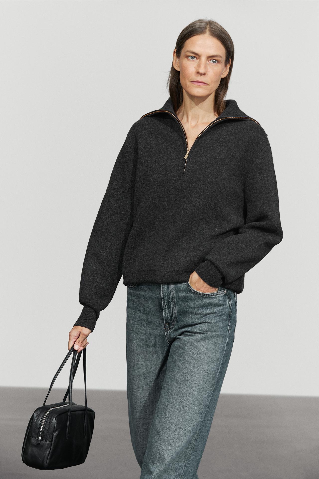 Wide collar zip-up knit sweater — ANTHRACITE GREY