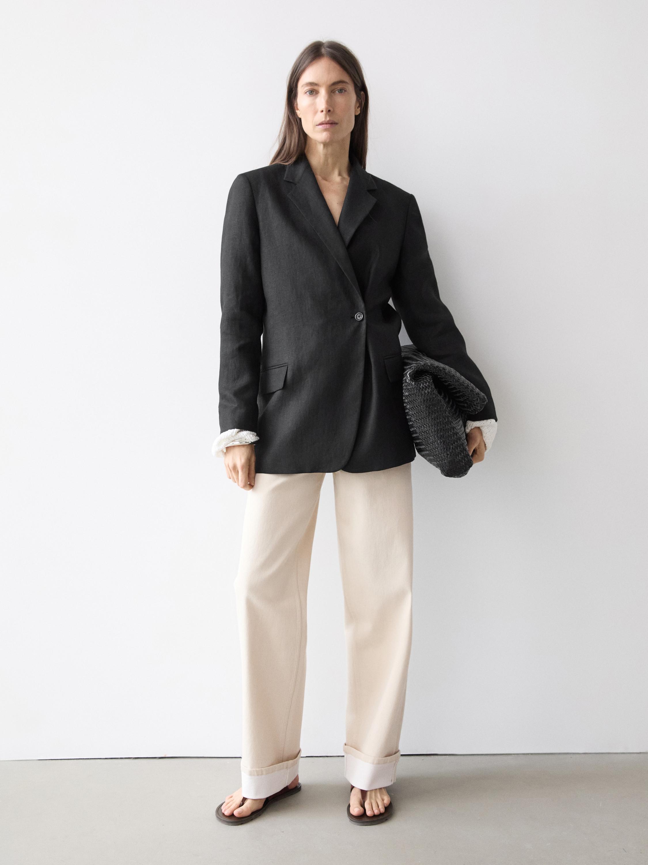 100% linen double-breasted blazer — BLACK