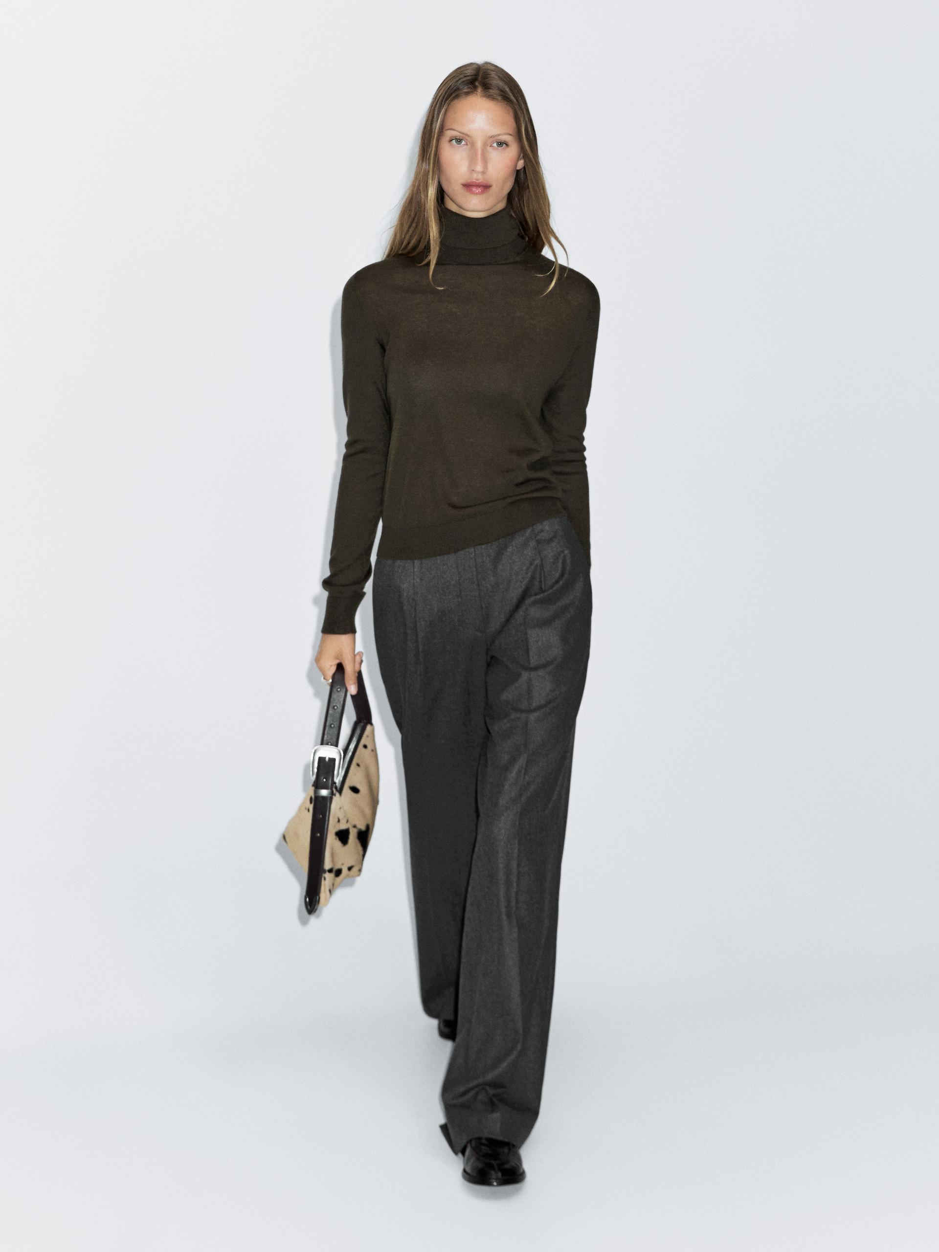 Jersey Cuello Alto Con Lana - Verdoso - S - Massimo Dutti - Mujer