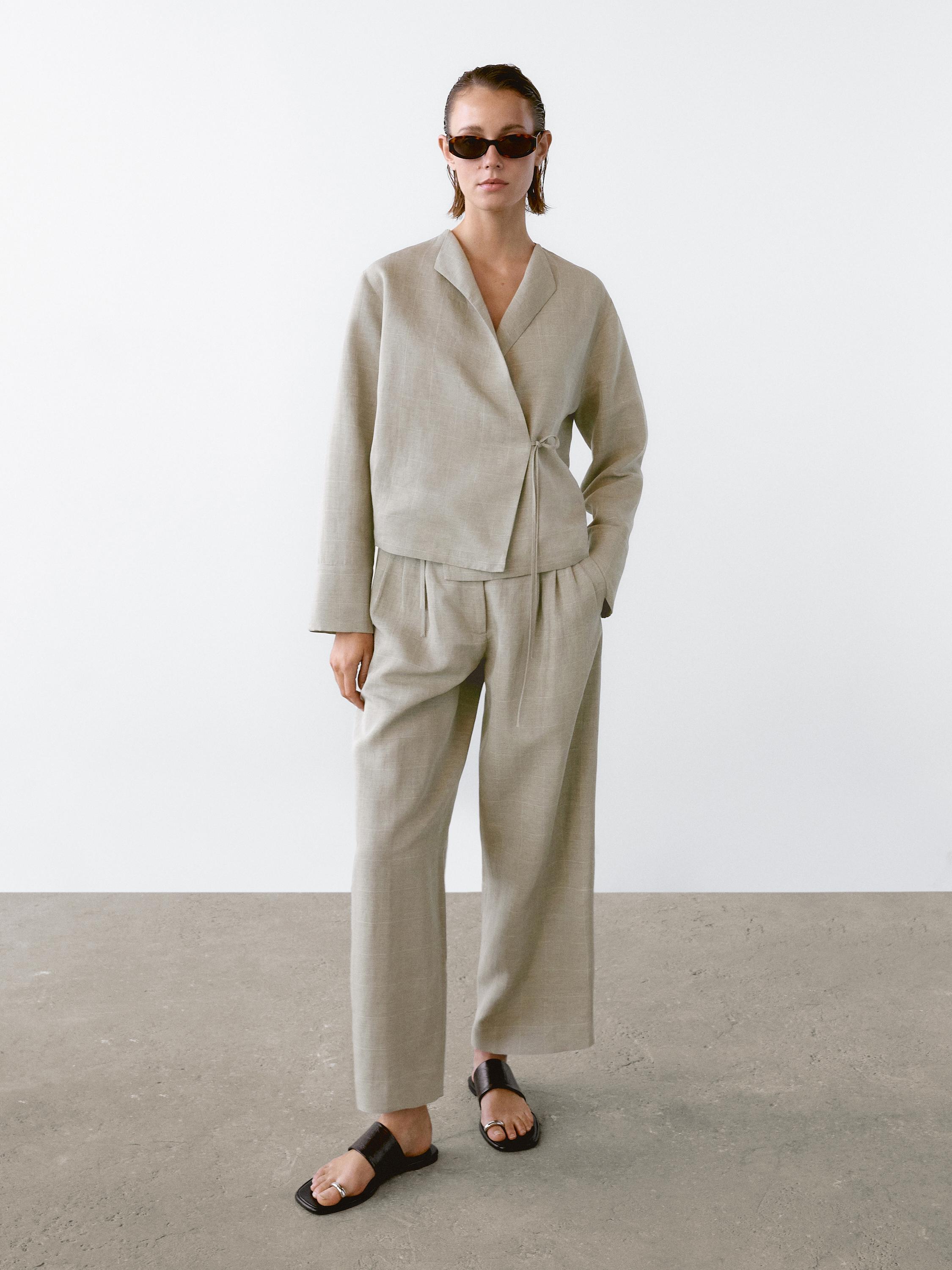 Linen blend check print kimono