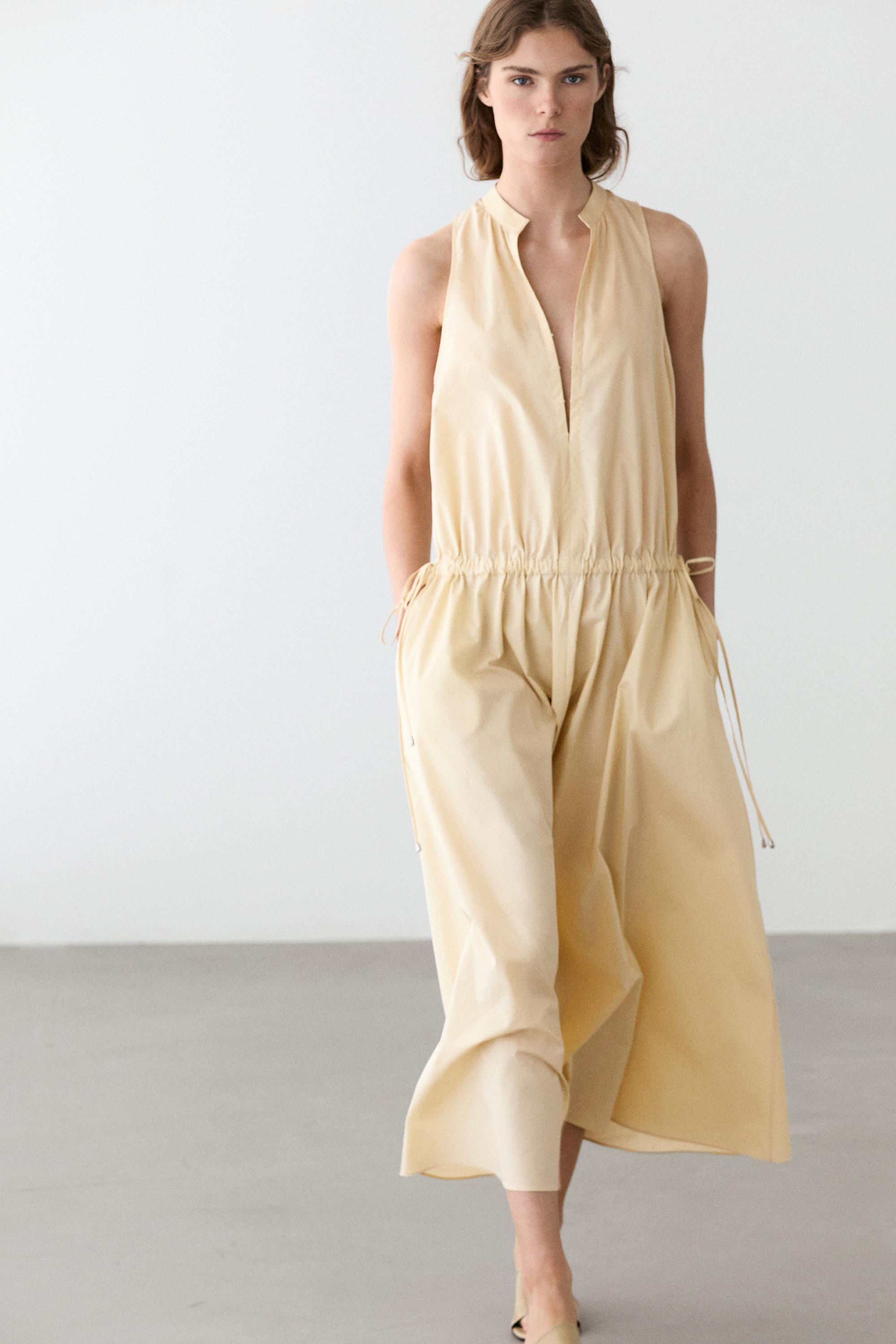 100% cotton midi dress with elasticated waist — PALE YELLOW