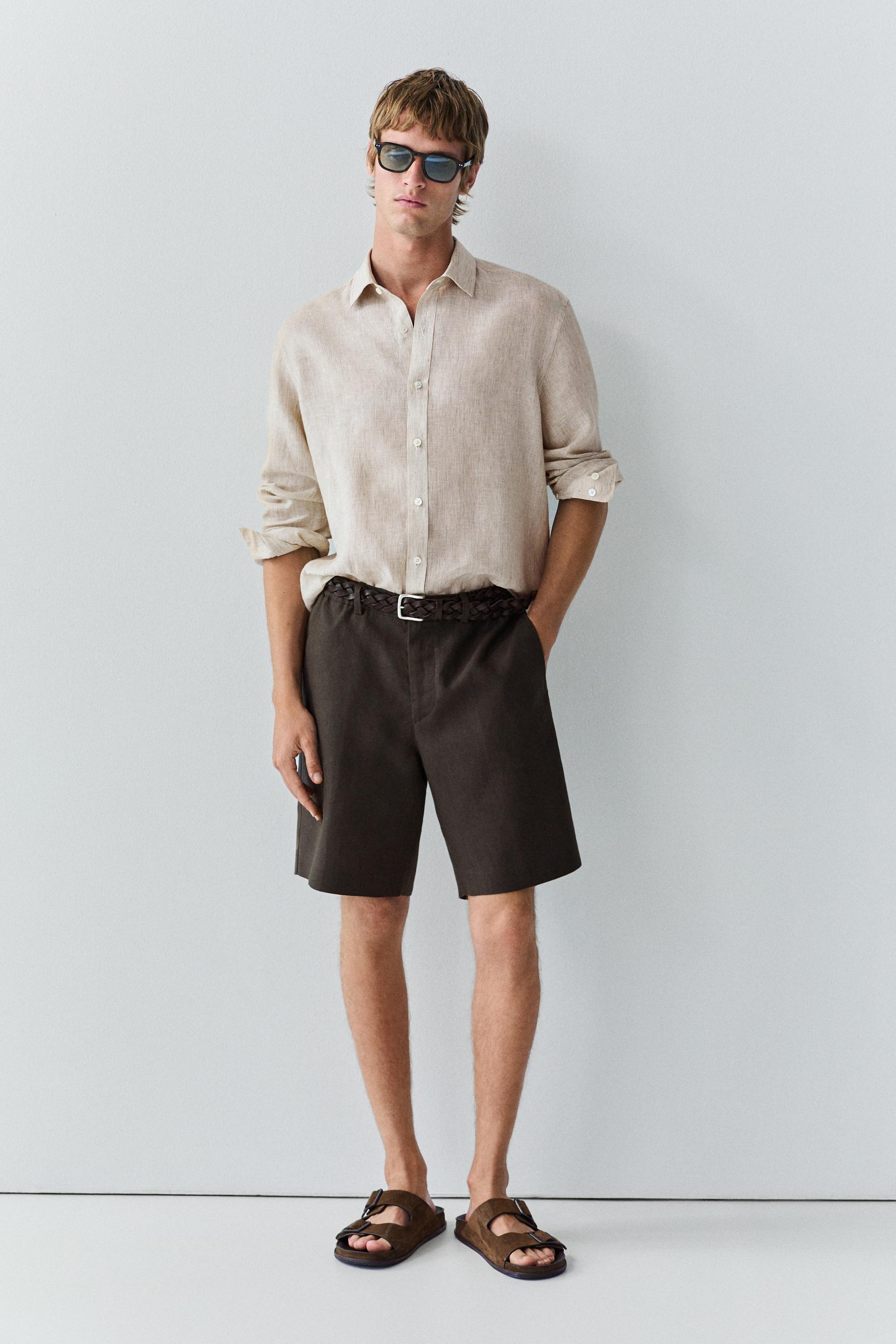 100% linen short Bermuda shorts — DARK GREEN