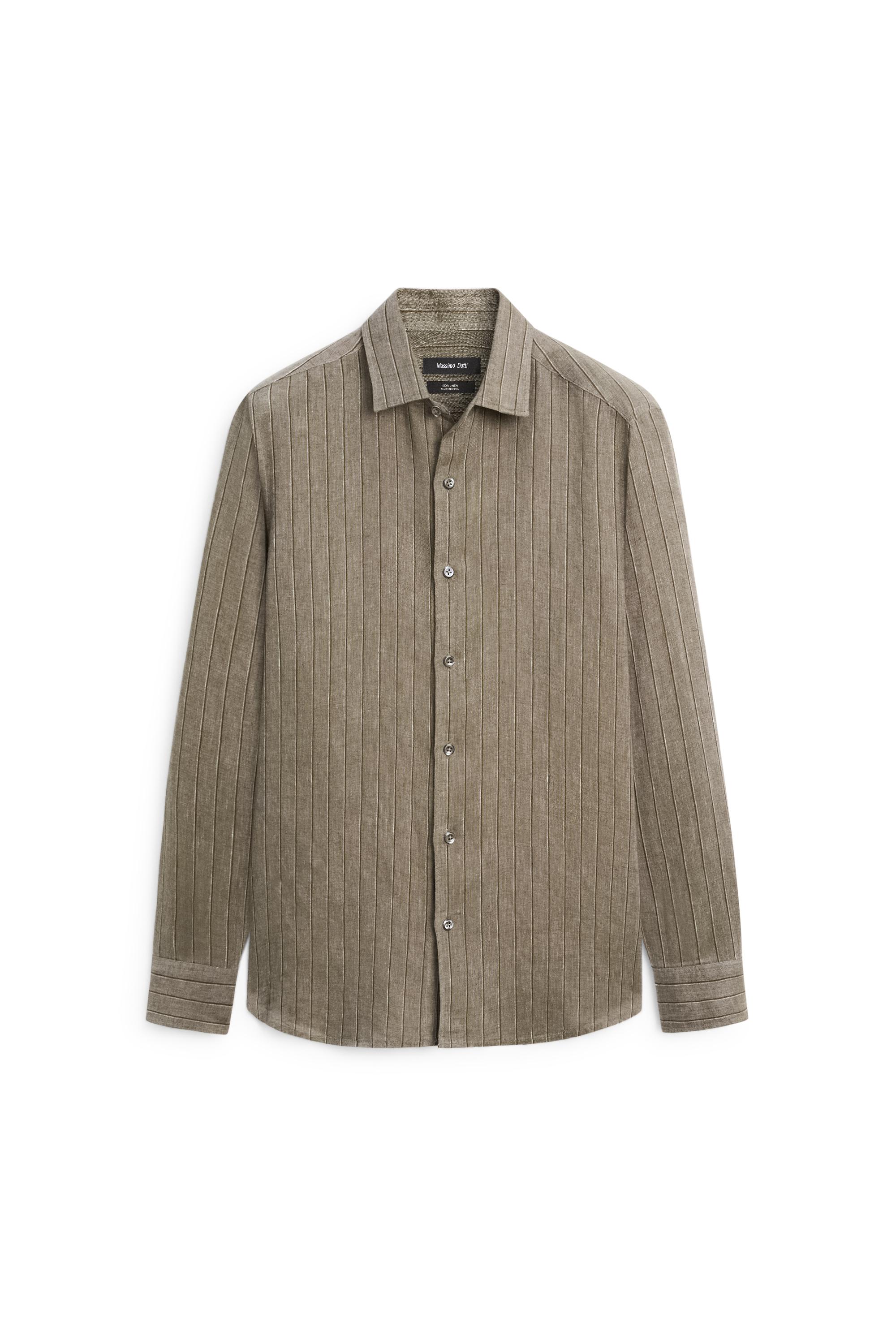 100% linen regular fit striped shirt — DARK GREEN
