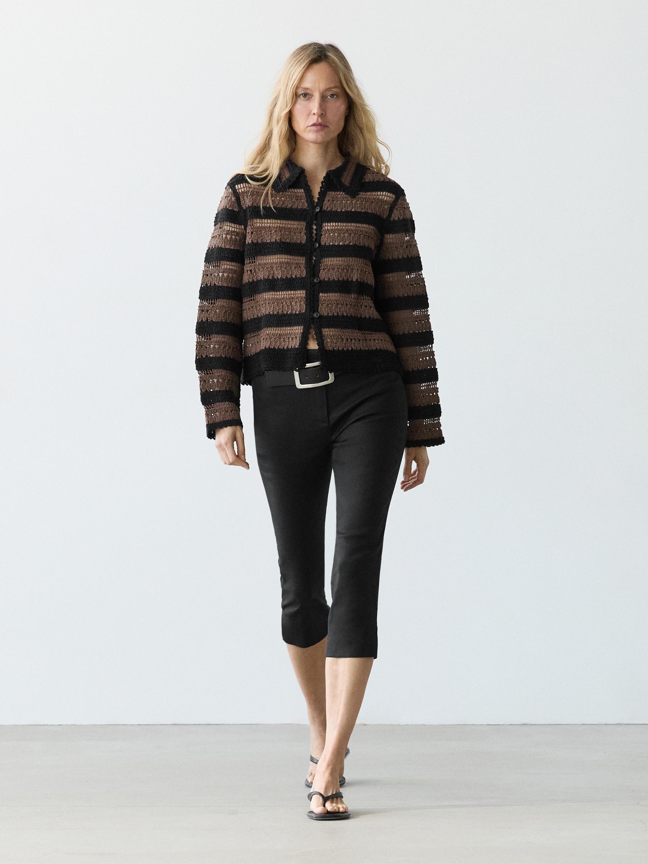 Short striped crochet knit cardigan — BROWN