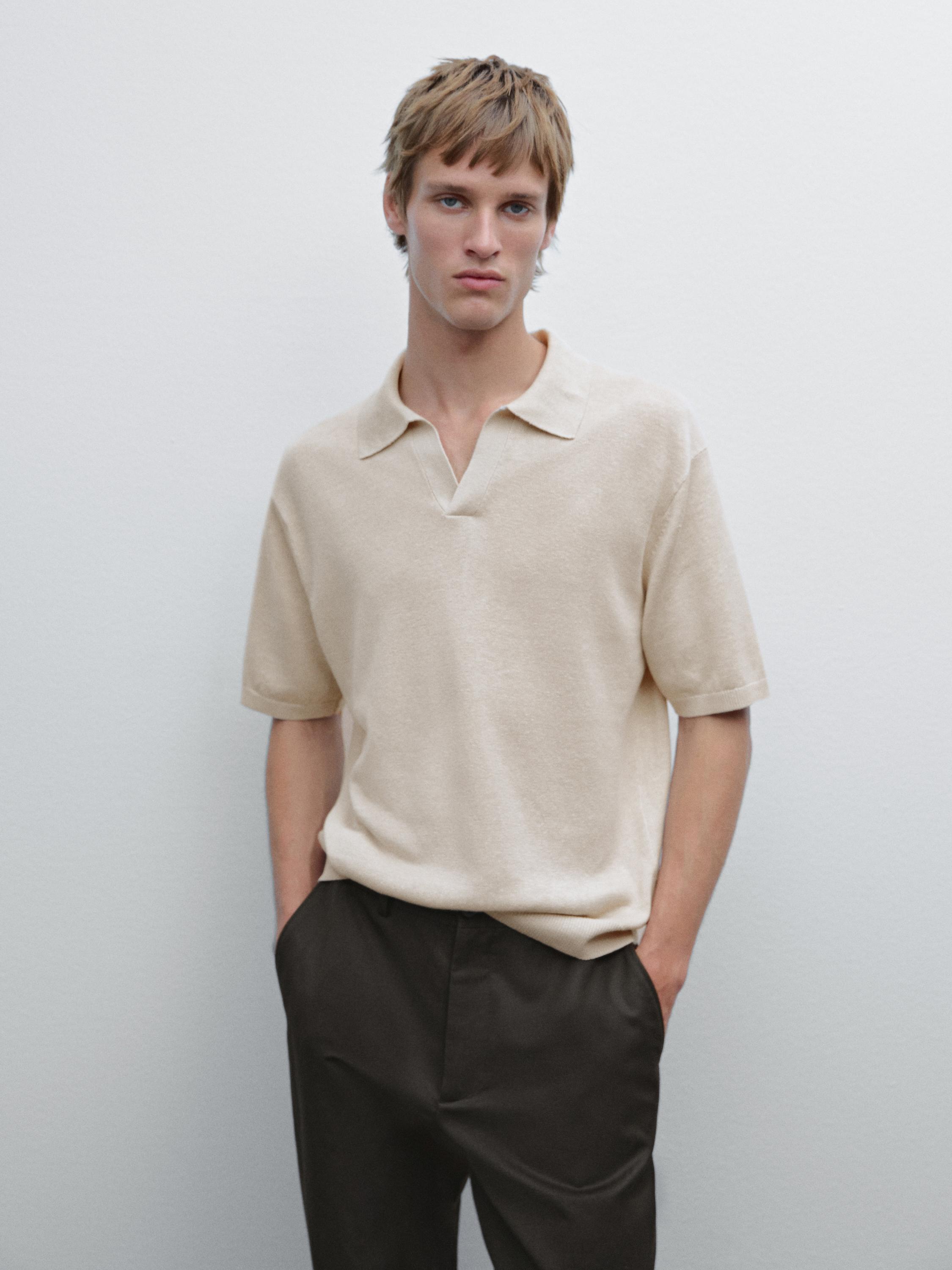 Cotton and linen blend knit V-neck polo shirt