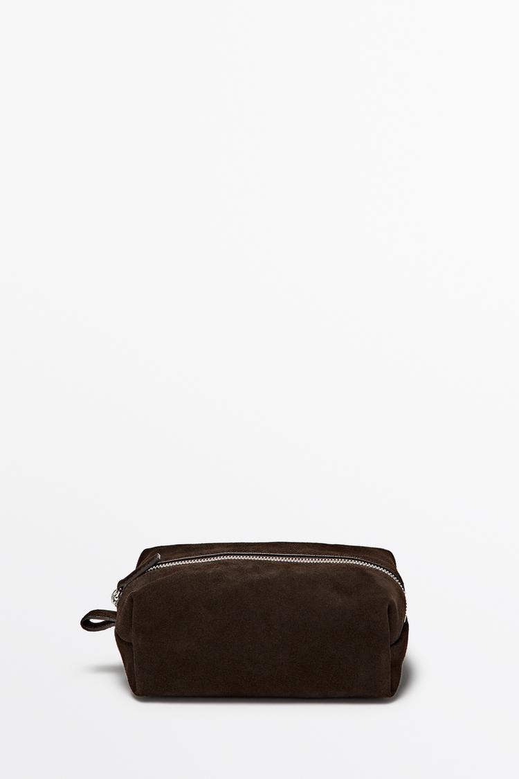 Mini split suede leather toiletry bag — Chocolate