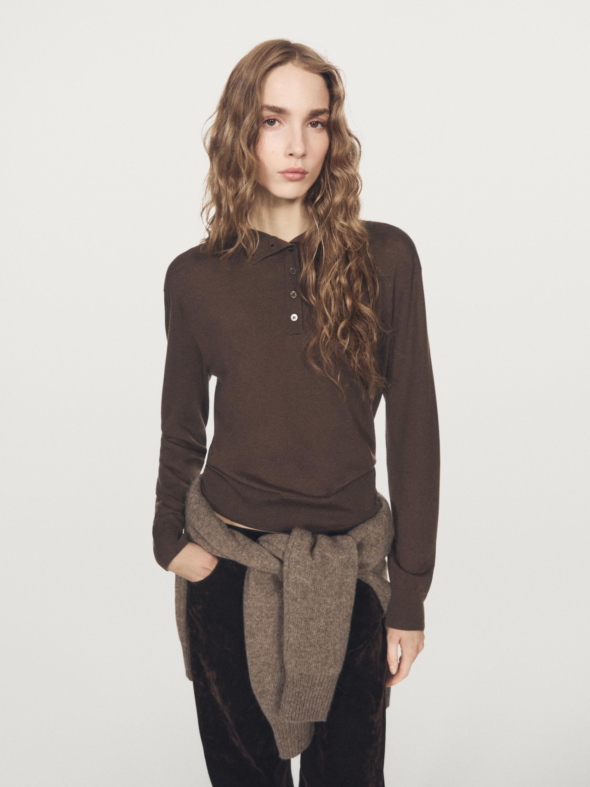Buttoned mock turtleneck knit sweater — BROWN