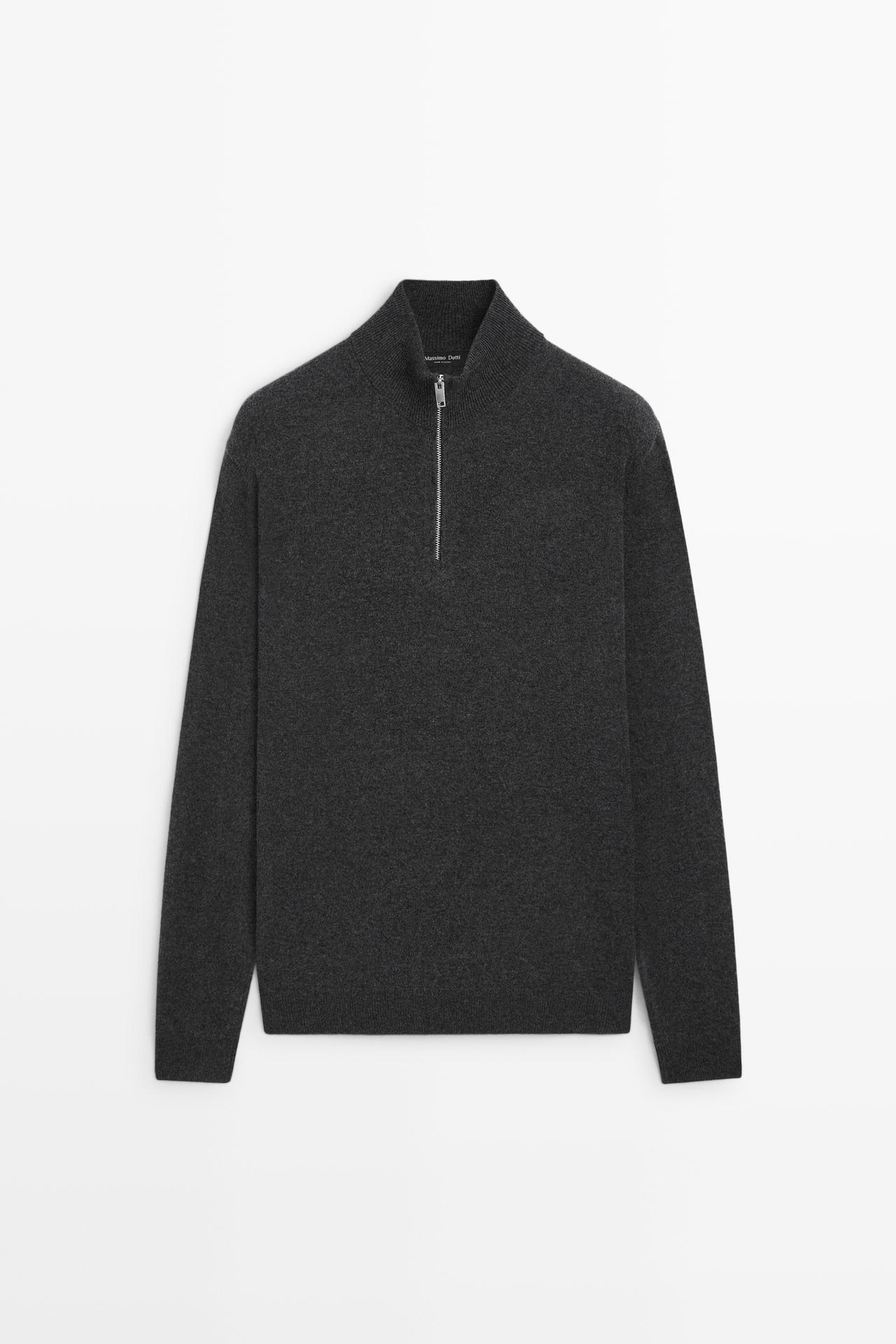 Mock neck knit sweater with zip — CHARCOAL