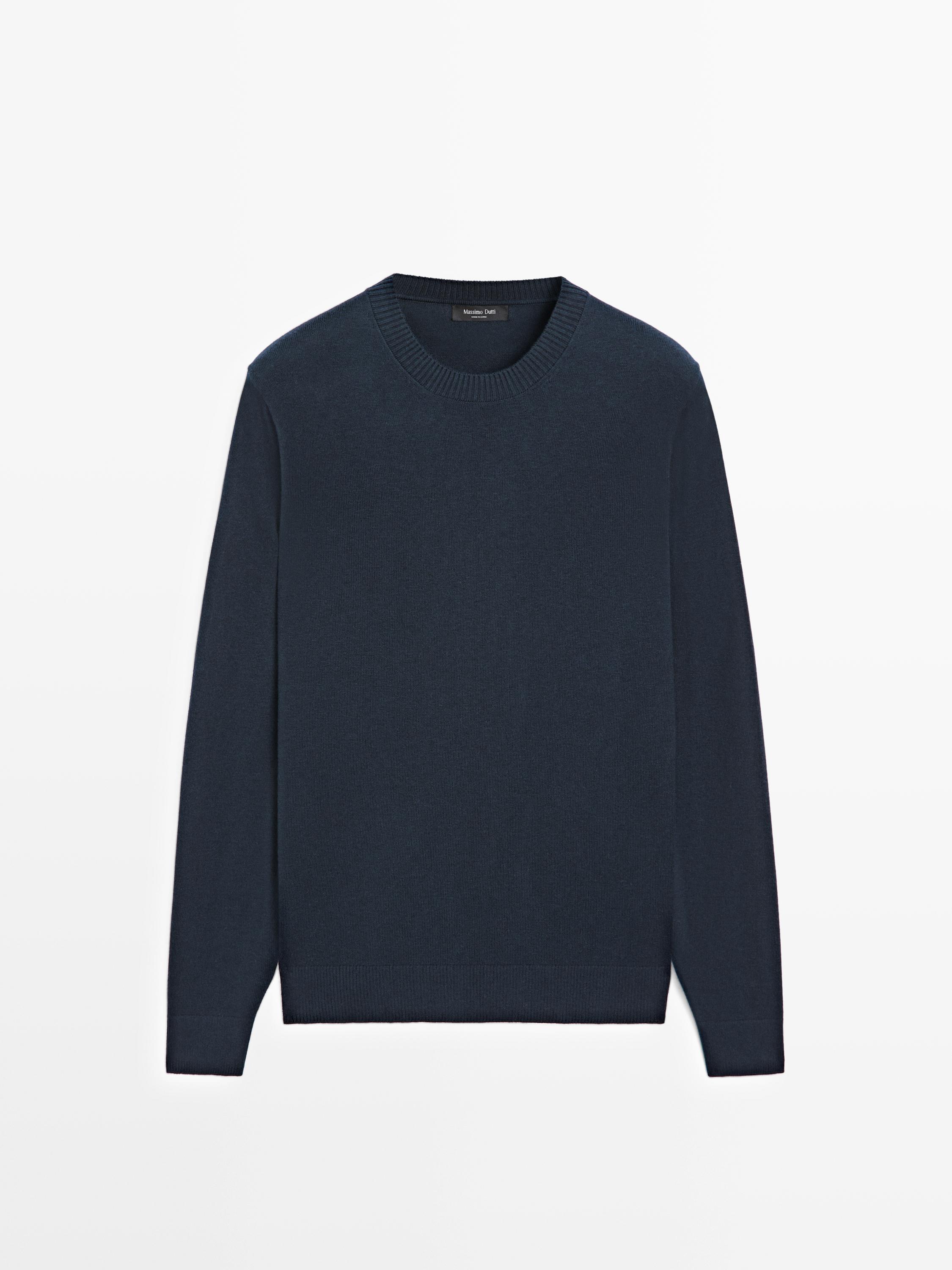 Knit cotton and wool sweater with crew neck — NAVY BLUE
