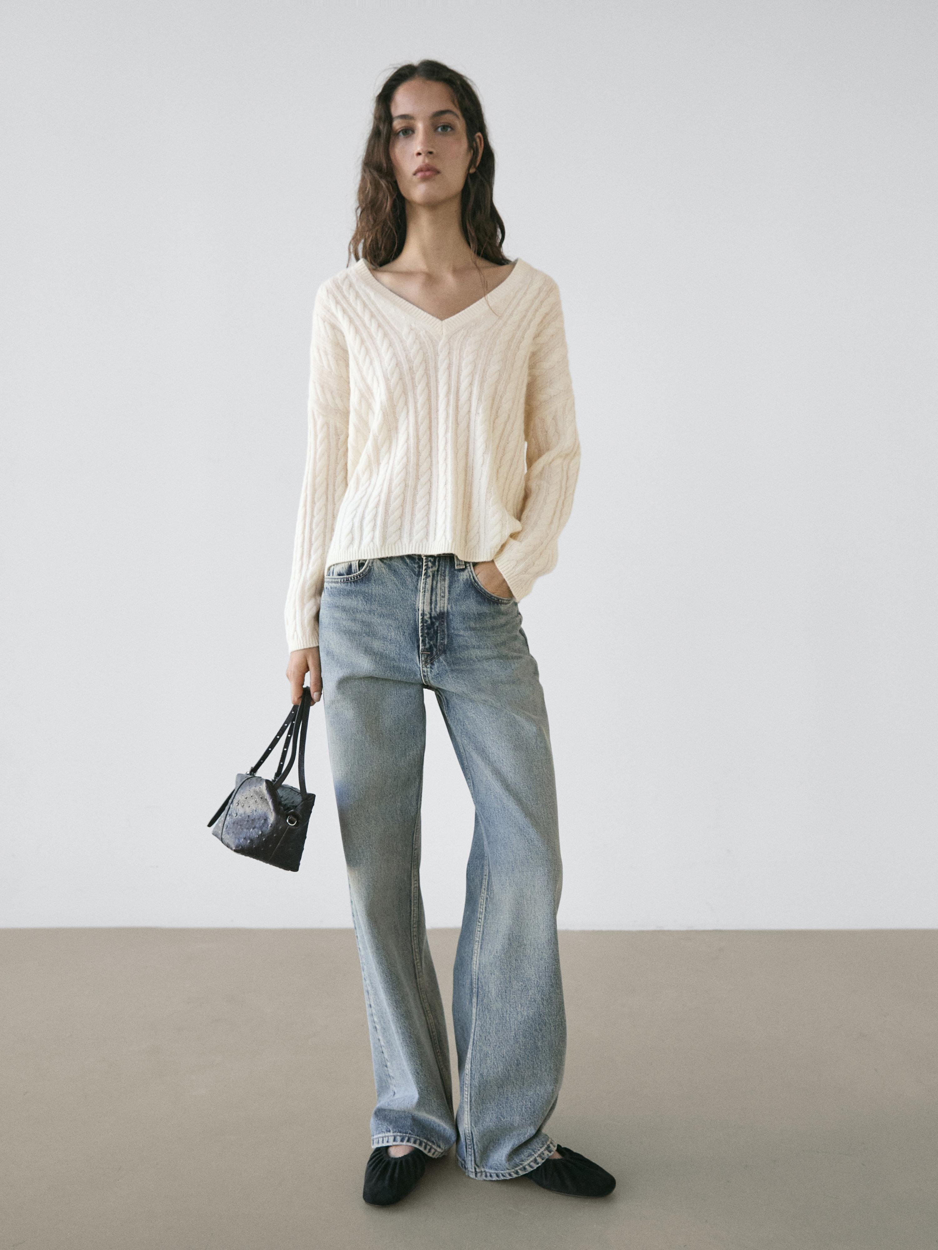 Cable-knit V-neck sweater