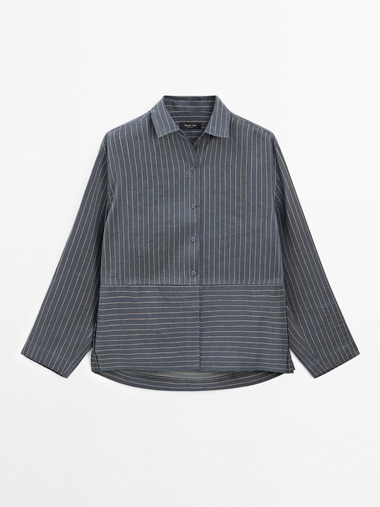Massimo Dutti - Dame - Stribet Skjorte I Hørblanding - Mørk Grå - S