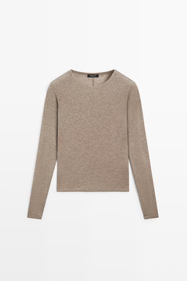 Long sleeve wool-blend T-shirt — MOLE BROWN 2