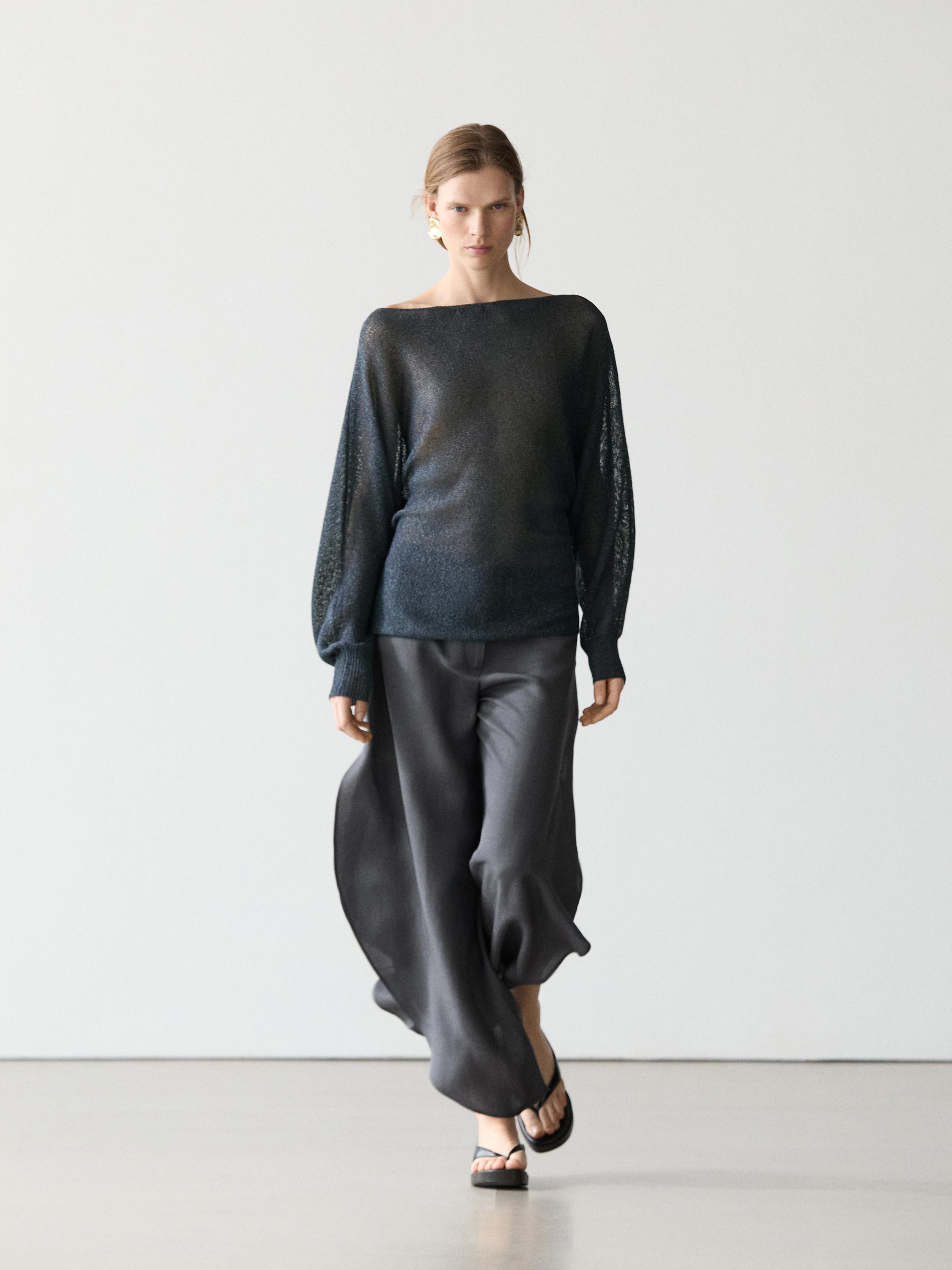 Flowing cotton blend knit sweater — Dark Blue