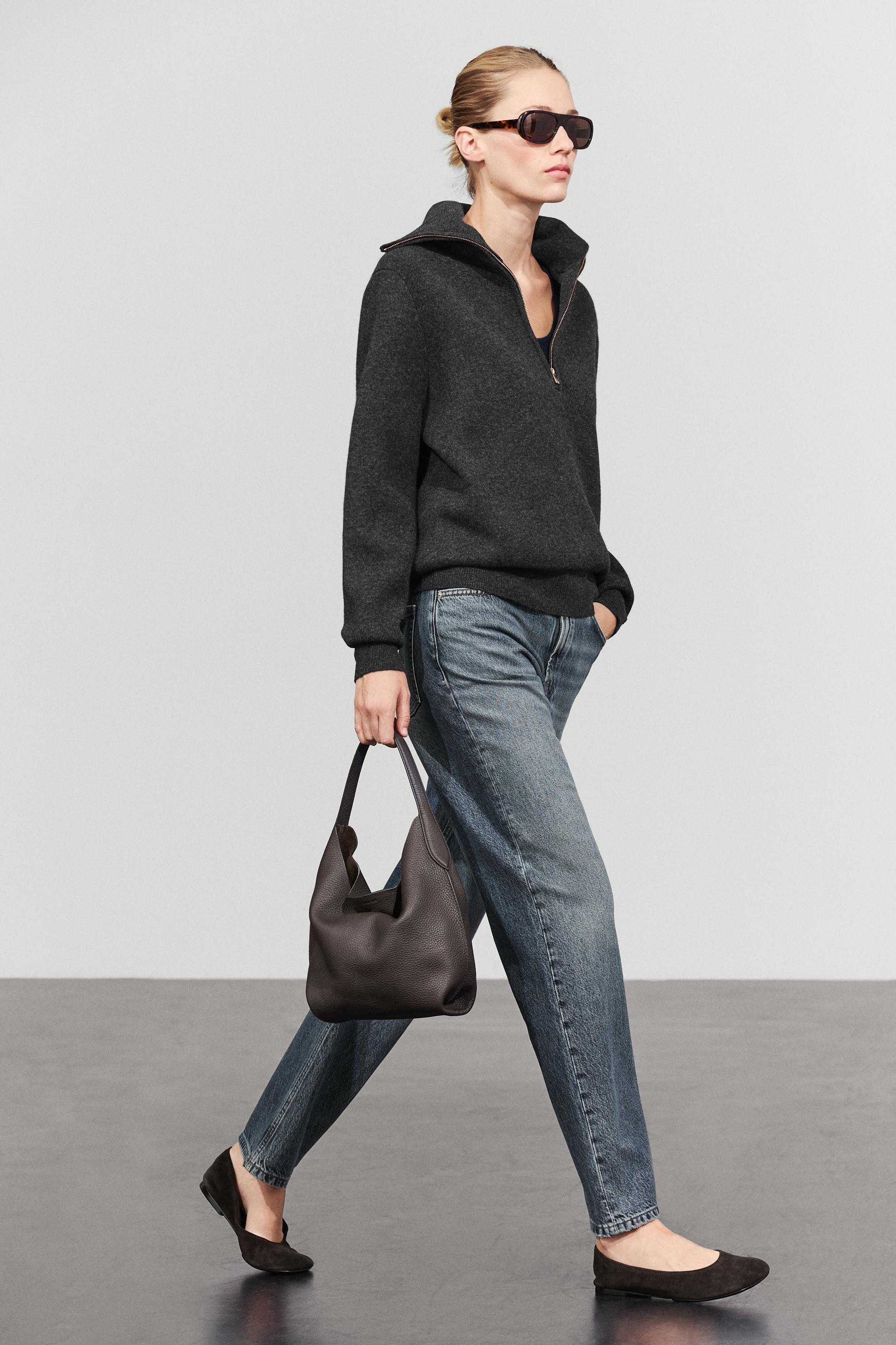 Wide collar zip-up knit sweater — ANTHRACITE GREY