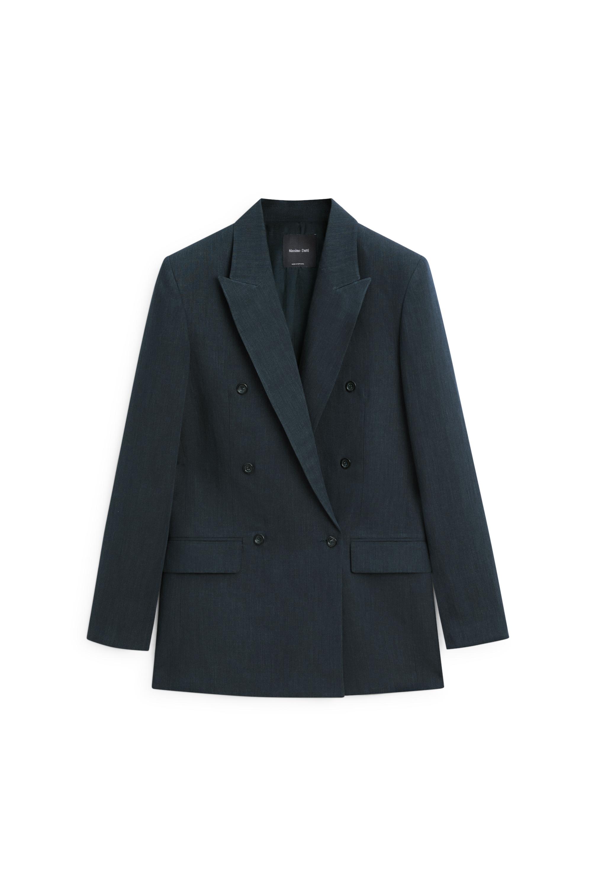 Melange linen blend double-breasted blazer — NAVY BLUE